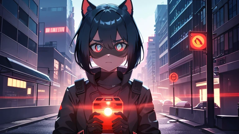 cyberpunk, portrait, Schwarz , Rot neon eyes, stilvoll tragen [Schwarz|Rot] Kleidung steht in einer Stadt, (sonnenaufgang:1.4), Street, kompliziert, fototealistisch