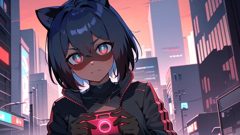 cyberpunk, portrait, Schwarz , Rot neon eyes, stilvoll tragen [Schwarz|Rot] Kleidung steht in einer Stadt, (sonnenaufgang:1.4), Street, kompliziert, fototealistisch