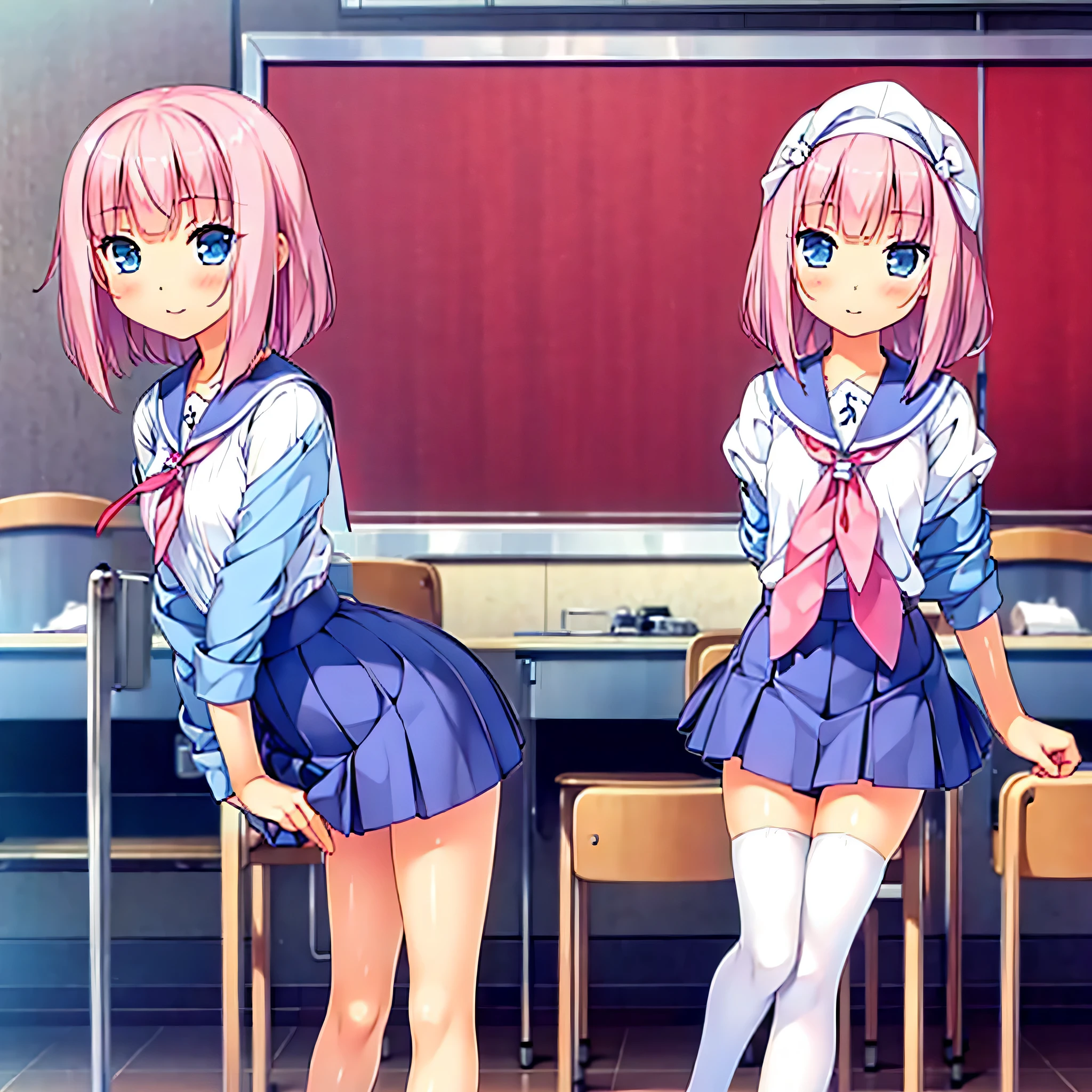 1 girl pink hair blue eyes school outfit with short skirt with stockings in school classroom high quality 2k