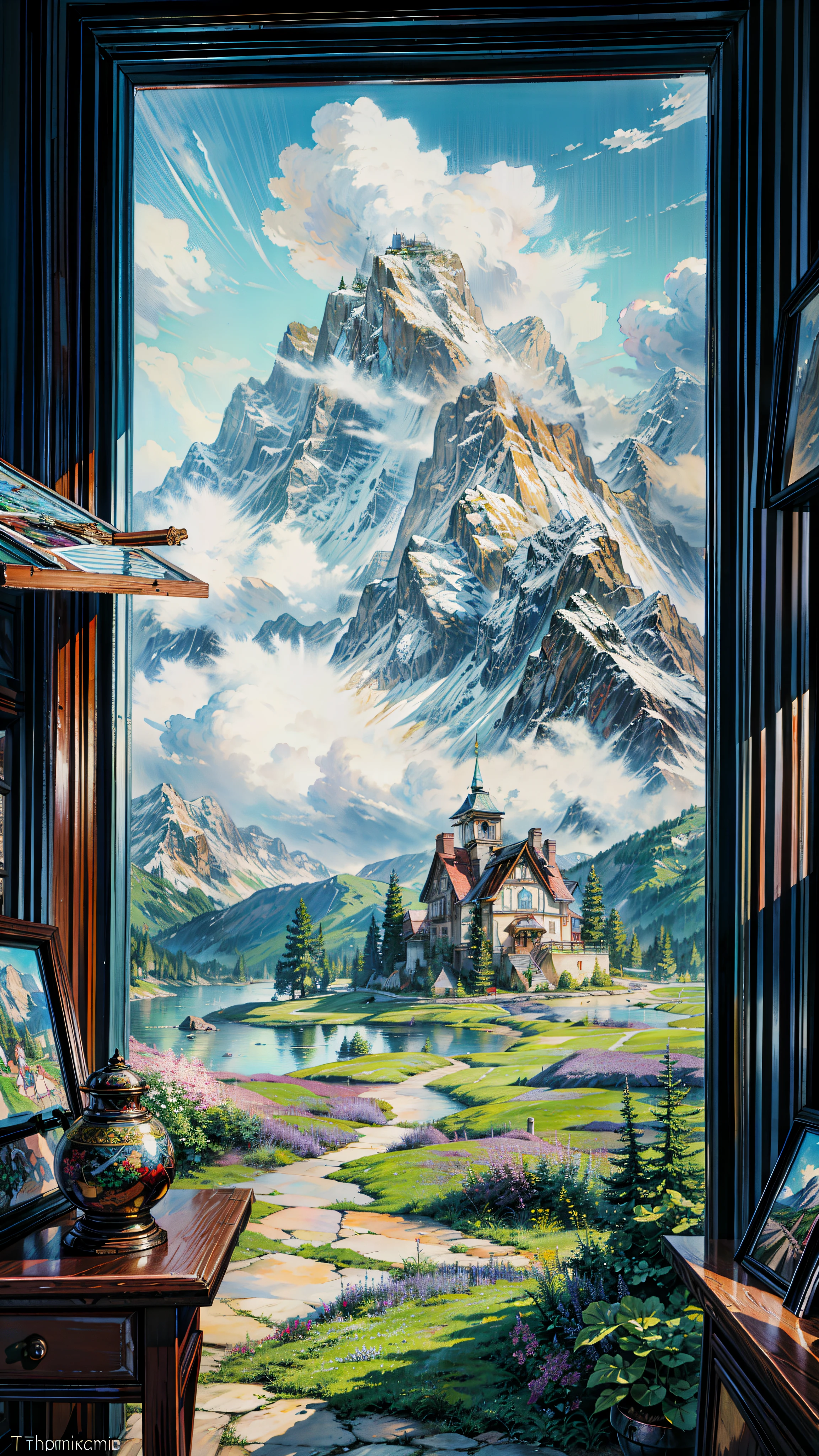 a painting of a mountain view through a window, ( ( thomas kinkade ) ), thomas kinkade style painting, tomas kinkade, realistic windows, thomas kinkade painting, photo of a beautiful window, the window, by thomas kinkade, by Thomas Kinkade, gorgeous painting, hypperrealistic painting, the window is open, rhads and thomas kinkade, 4k hd,, beautiful art uhd 4 k, a beautiful artwork illustration, beautiful digital painting, highly detailed digital painting, beautiful digital artwork, detailed painting 4 k, very detailed digital painting, rich picturesque colors, gorgeous digital painting