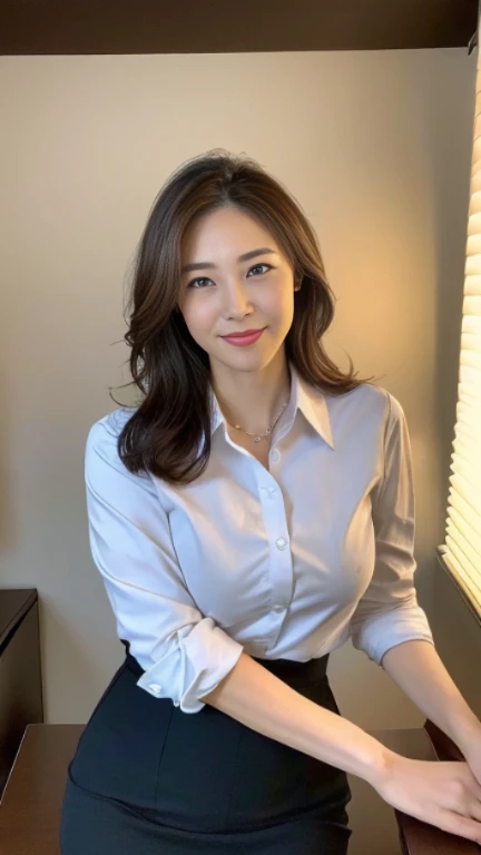 ((highest quality, 8K, masterpiece, portrait: 1.3)), (looking at the viewer), (full shot:0.85), attractive business mature woman, 1 person、 white collared shirt, gray skirt,((big breasts 2.5)) (big pelvis:0.3),((Very plump 2.5))、 (officeの椅子に座っている)), smile:0.2, president'office,good posture、Brown medium hair、gentle smile、office、In the office、