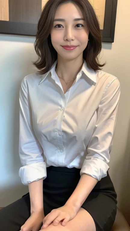 ((highest quality, 8K, masterpiece, portrait: 1.3)), (looking at the viewer), (full shot:0.85), attractive business mature woman, 1 person、 white collared shirt, gray skirt,((big breasts 2.5)) (big pelvis:0.3),((Very plump 2.５))、 (officeの椅子に座っている)), smile:0.2, president&#39;office,good posture、Brown medium hair、gentle smile、office、In the office、