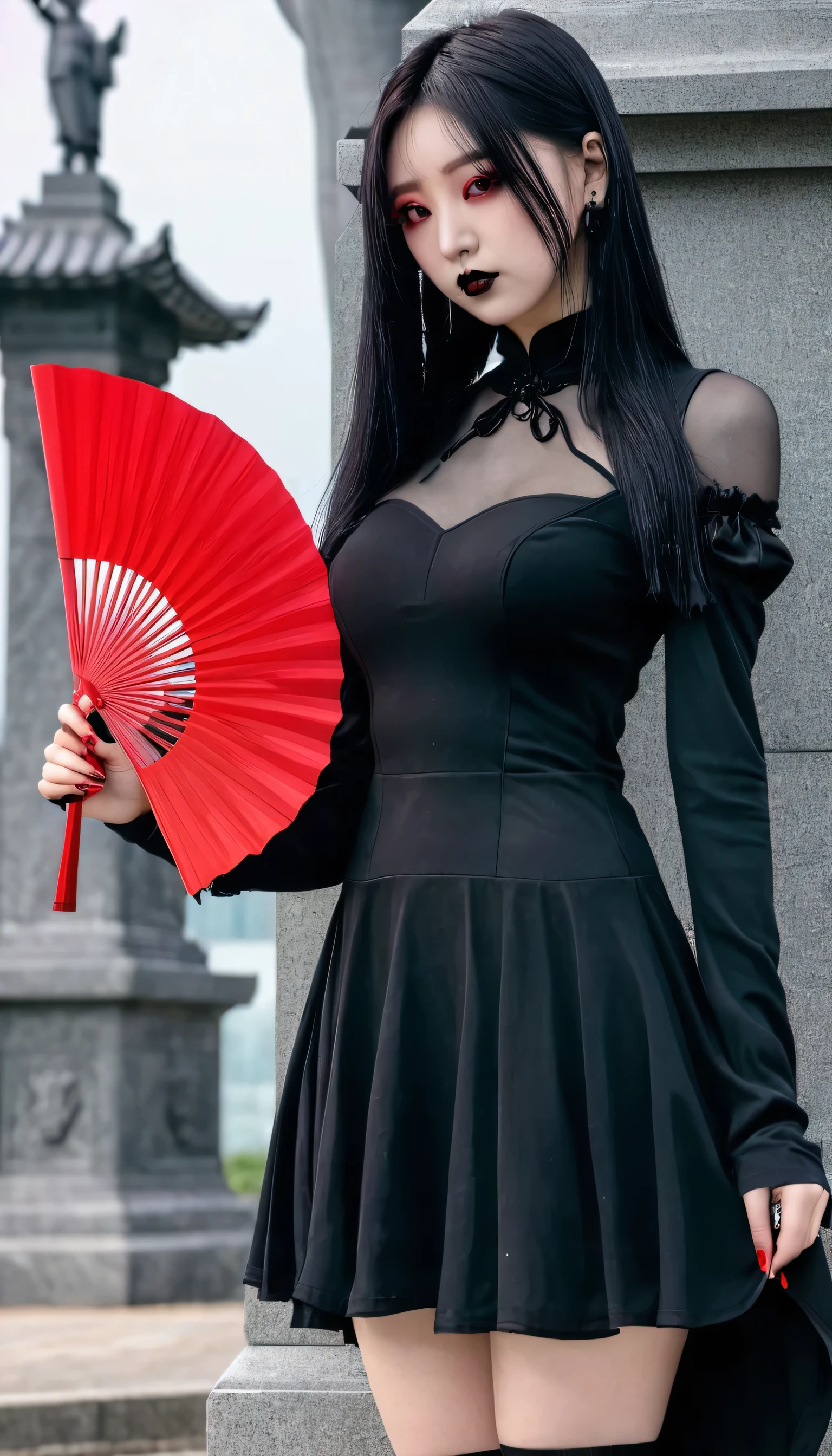 arafed woman in black dress holding a red fan in front of a statue, cruel korean goth girl, intriguing outfit, black outfit, she is wearing a black dress, gothic outfit, sensual gloomy style, very sexy outfit, 1 7 - - old h girl, taken in 2 0 2 0, black and red, wearing modern gothic clothes, sexy look