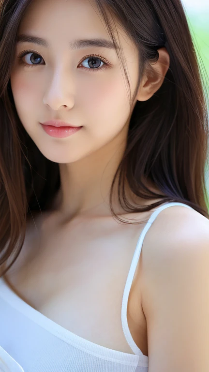 (((32k,high details,high detail、masterpiece,attention to detail,alone))),Raw photo & realistic atmosphere,beautiful dark blue eyes,detailed mouth,glossy lips,thin eyebrows,fine eyes、Soft white skin that shines in every detail、sheの深い黒い目はとても美しいです,lip details、very beautiful face,very well-shaped face、lifelike face,shining beautiful lips,beautiful eyebrows,infinite reality, Realistic young gravure idol,she'she'she'she'she'she'very cute woman , young gravure idol, young gravure idol, Very beautiful and cute 22 years old beautiful girl,incredibly beautiful and classy,22 years old beautiful girl,natural soft light,(shiny hair,,Beautiful and kind eyes:1.5),gentle smile,well-shaped chest,medium long hair,tie hair,beautiful posture,no makeup,think ahead,nude,bust top