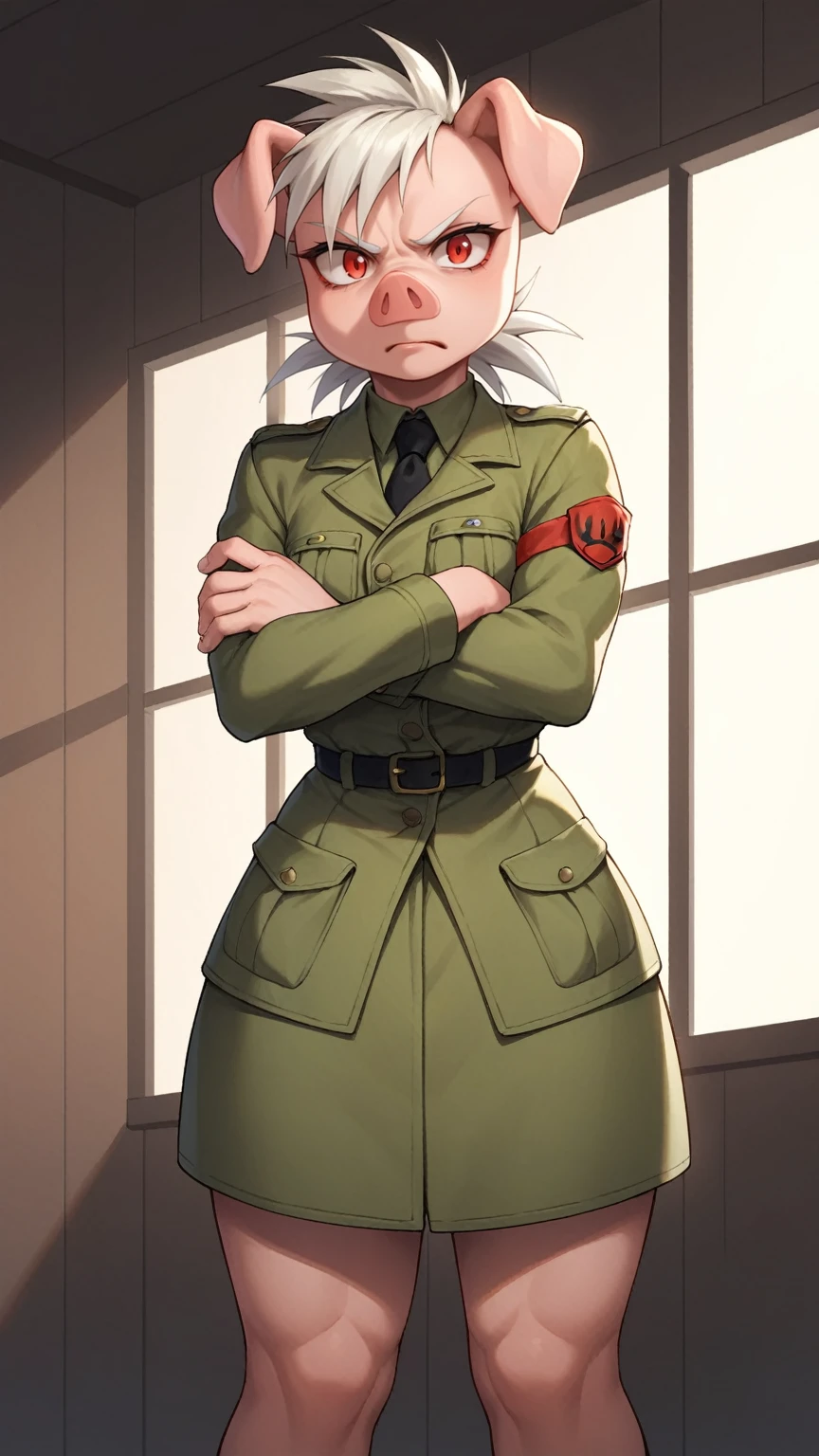 score_9,score_8_up,score_7_up, BREAK, 1 girl, solo, seras, hellsing, snout, pig snout, indoors, standing, frustrated, looking at viewer, pig nose, semi furry, furry, furry