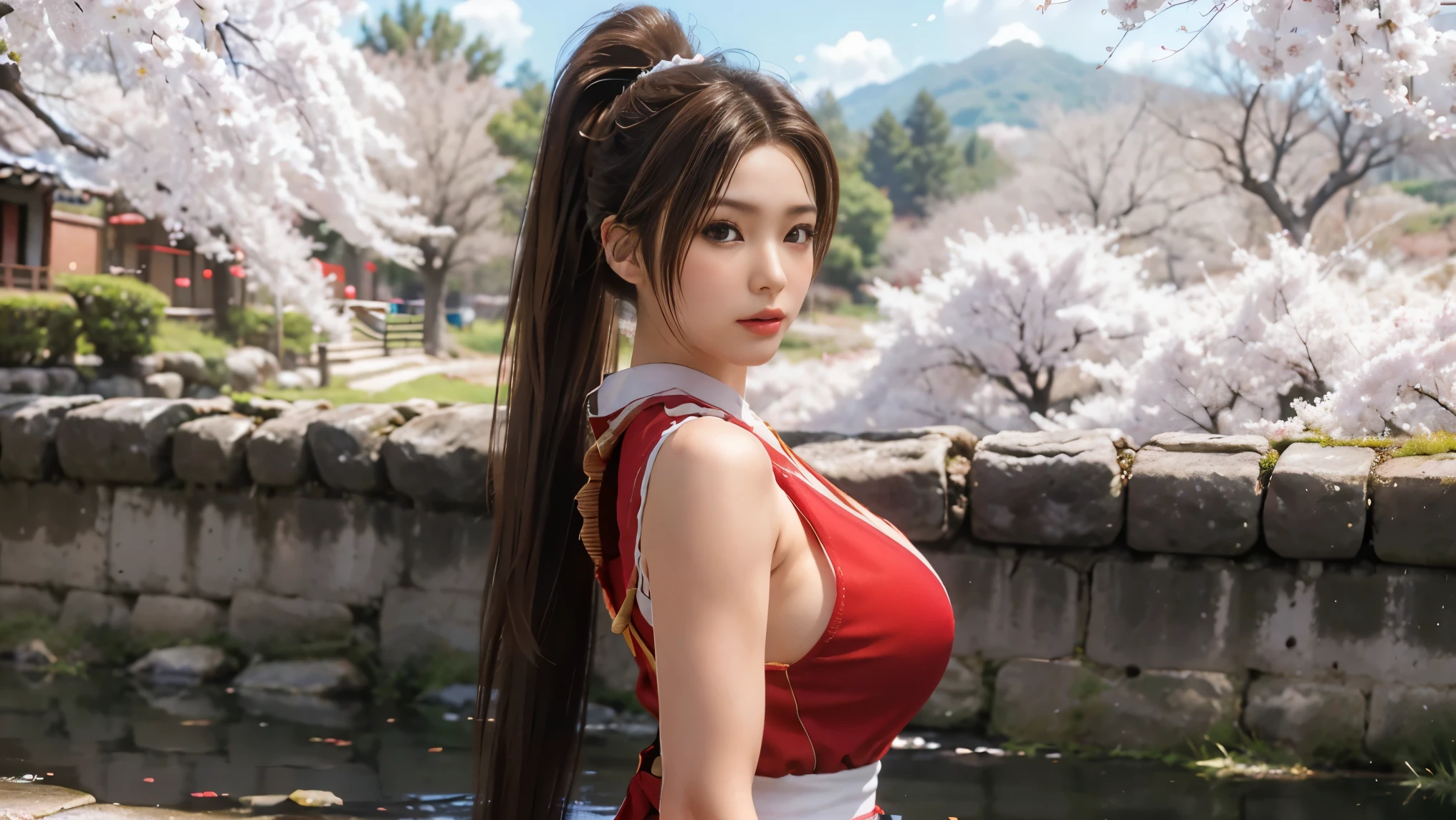 Mai Shiranui, brown eyes, Japanese beauty，微Ha halong hair, brown hair, (red clothes:1.3)，super huge breasts， sleeveless, ponytail, pelvic curtain, Arm guards, Gloves, or，full ， seductive expression, sexy eyes, huge breasts, 微Ha ha, charming, view viewer, long hair, (Breast focus:1.2), (actual:1.2),, (realism), (masterpiece:1.2), (best quality), (super detailed), (8K, 4K, complicated), (85 mm), Light particles, Light, (Very detailed:1.2), (Detailed face:1.2), Cherry blossoms(exquisite eyes:1.2), (solid color background: 1.2),(Detailed background), (Dynamic angle:1.2), (dynamic poses:1.2), (Line of action:1.2), Wide-angle lens, huge breasts，big breasts，huge breasts，幸福的Ha ha容，charming的，Ha ha，Cherry blossoms，Cherry blossoms单色背景，solid color background，White background，artistic photos