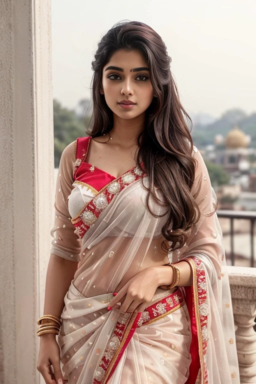 lovely cute young attractive indian girl, brown eyes, gorgeous actress, 23 years old, cute, an Instagram model, long blonde_hair, colorful hair, winter , Indian, wearing white net saree and Cherry red blouse