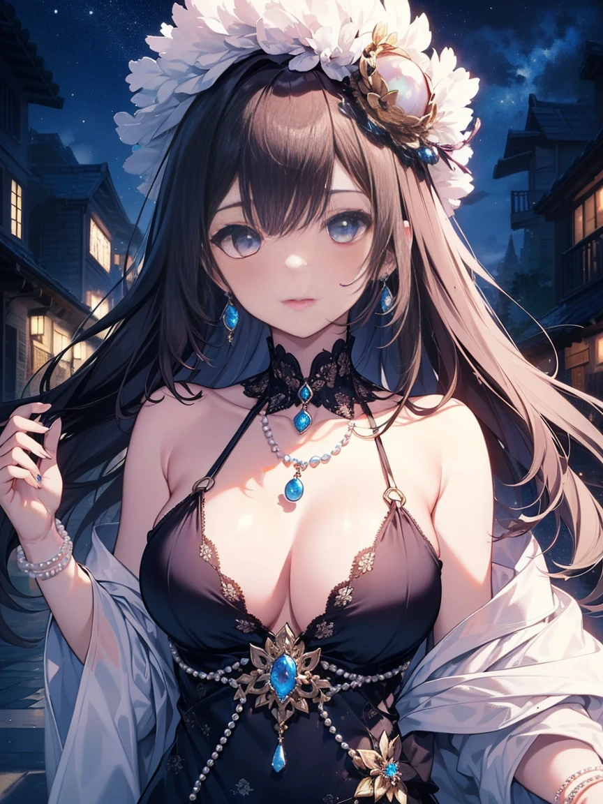 (masterpiece)、(highest quality)、(Super detailed)、(Have a very large pearl)、(Lots of big pearls)、(1 girl)、see the beholder、(interview)、small breasts、night、Jewelry store