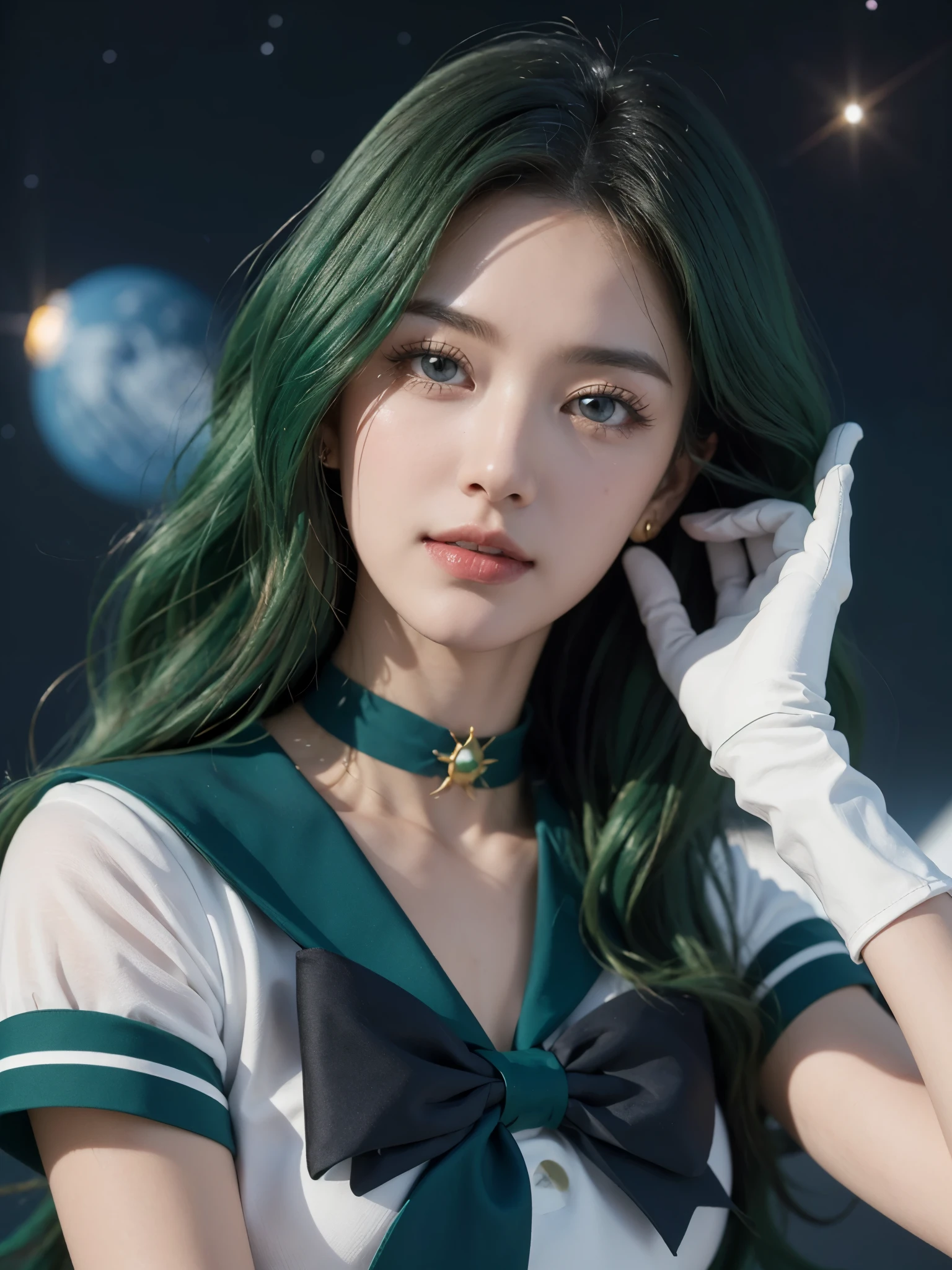 space background, ((HD Real, Sama1 level)), extreme real, masterpiece, best quality, high quality, Sama1, space, amazing beauty, upper body shot, 1 girl, chest, Gloves, Lips, alone, Sailor Neptune, aqua blue eyes, uniform, See more1, tiara, 세일러 센시 uniform, (RAW photos, best quality), masterpiece, Floating dark green hair, Green Sailor Color, curtsey, choker, 흰 Gloves, green choker, elcurtsey gloves, bijouterie, earring, green skirt, Outsole, whole body, dark green medium hair, (perfect hands): 3.8, octane rendering, Goddess of the Sea, (enlargement: 1.2) beautiful eyes in detail, enlargement, small eyes, look at the viewer, to8 contrast style, octane line art, space background, Neptune, sea effect, green, soft smile, Squint your eyes with a smile, hands down, earth background,masterpiece, 4K, very detailed, enlargement, 1 girl, Sailor Neptune, aqua blue eyes, 짙은 green 머리카락, medium hair, (Sailor Neptune uniform:1.1), plea skirt, curtsey, dynamic pose, best quality, masterpiece, high resolution, intricate details, (realistic)), photography, earring, bijouterie, 흰 Gloves, 중간 chest, whole body, 흰 Gloves, sailor collar, Sailor Neptune, clean skin,enlargement, 1 woman, Sailor Neptune, aqua eye, 짙은 green 머리카락, pleated skirt, curtsey, dynamic posture, dynamic background, , best quality, masterpiece, high resolution, intricate details, (( realistic )), of the photo, earring, bijouterie, 흰 Gloves, 중간 chest, whole body, 흰 Gloves, sailor collar