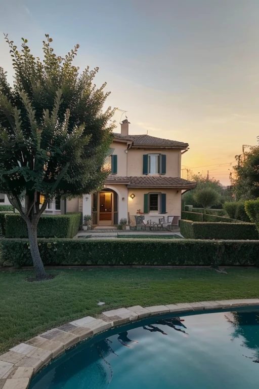((best quality)), ((masterpiece)), (detailed), italian small house, near pool and trees, sunset, a lot of plants