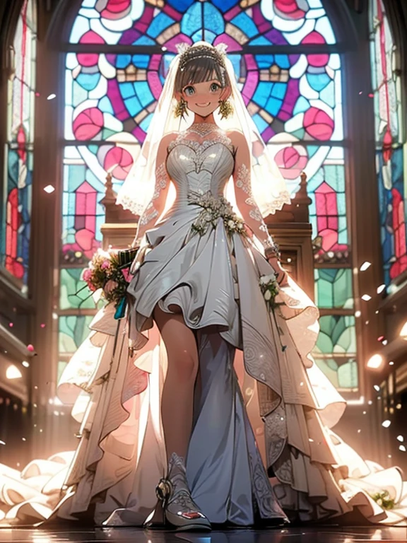 absurd, (solo:1.5,)super detailed,bright colors, very beautiful detailed anime face and eyes, (Domed church:1.2)(Very large and shining stained glass:1.5) ,short hair,(Wield a giant hammer:1.3), asymmetrical bangs, Blonde short twin tails, shiny hair, delicate beautiful face, blush、(blue eyes), white skin,  earrings,(Smile:1.4),beautiful and delicate eyes，cute and girly，perfect slim body，(L&#39;Atelier Mariage Wedding Dress:1.5)，(wedding veil:1.3),church view,Pure pupils,(full body:1.2),medium shot