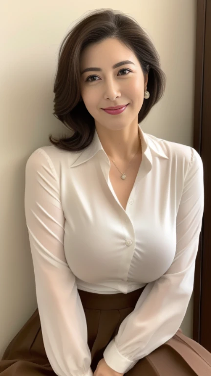 ((photograph))、((real photo)), (masterpiece, highest quality),hot ((mature woman)),Sitting on bed in bedroom,wide hips、big breasts,saggy breasts, (slicked back hair), white collared blouse、Only the top button is undone、The chest is hidden、long skirt、 smile, face-to-face audience,  cupboard, stove, window, Japanese、((plump 1.8))、(((plump mature woman1.4)))、((big breasts1.8))、bbw,　eyes half closed、　Put your hands together and place them between your thighs、gentle smile、Brown hair semi-long hair、



