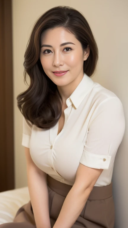 ((photograph))、((real photo)), (masterpiece, highest quality),hot ((mature woman)),Sitting on bed in bedroom,wide hips、big breasts,saggy breasts, (slicked back hair), white collared blouse、Only the top button is undone、The chest is hidden、long skirt、 smile, face-to-face audience, cupboard, stove, window, Japanese、((plump 1.8))、(((plump mature woman1.4)))、((big breasts1.8))、bbw, eyes half closed、 Put your hands together and place them between your thighs、gentle smile、Brown hair semi-long hair、