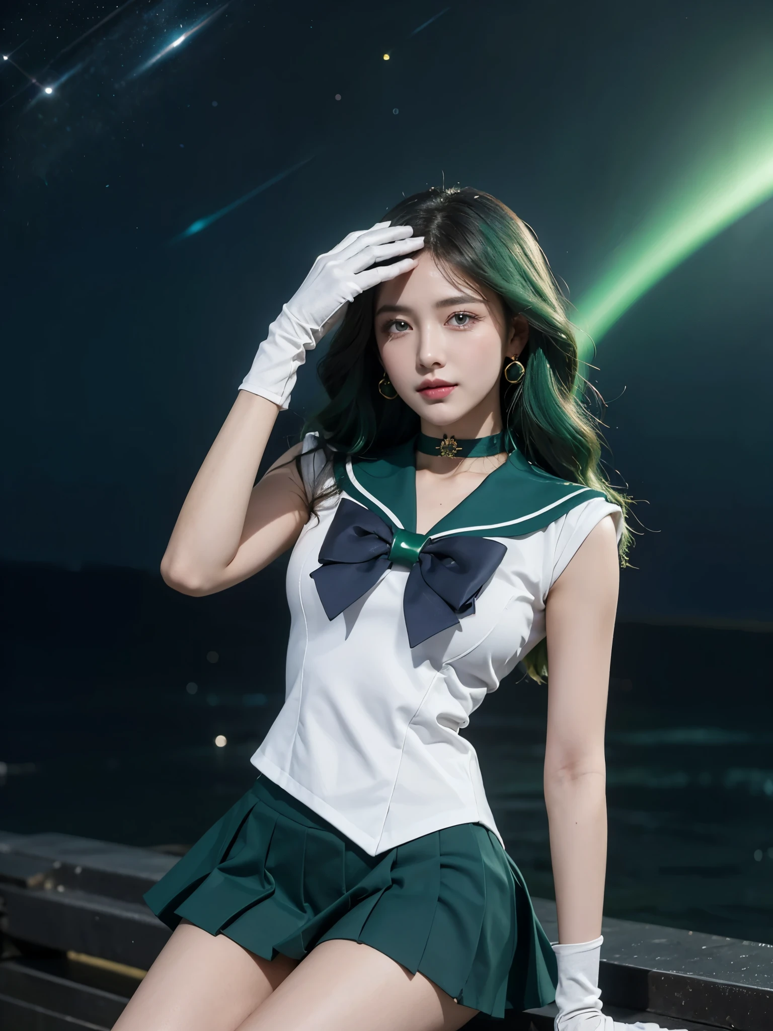 space background, ((HD Real, Sama1 level)), extreme real, masterpiece, best quality, high quality, Sama1, space, amazing beauty, upper body shot, 1 girl, chest, Gloves, Lips, alone, Sailor Neptune, aqua blue eyes, uniform, See more1, tiara, 세일러 센시 uniform, (RAW photos, best quality), masterpiece, Floating dark green hair, Green Sailor Color, curtsey, choker, 흰 Gloves, green choker, elcurtsey gloves, bijouterie, earring, green skirt, Outsole, whole body, dark green medium hair, (perfect hands): 3.8, octane rendering, Goddess of the Sea, (enlargement: 1.2) beautiful eyes in detail, enlargement, small eyes, look at the viewer, to8 contrast style, octane line art, space background, Neptune, sea effect, green, soft smile, Squint your eyes with a smile, hands down, earth background,masterpiece, 4K, very detailed, enlargement, 1 girl, Sailor Neptune, aqua blue eyes, 짙은 green 머리카락, medium hair, (Sailor Neptune uniform:1.1), plea skirt, curtsey, dynamic pose, best quality, masterpiece, high resolution, intricate details, (realistic)), photography, earring, bijouterie, 흰 Gloves, 중간 chest, whole body, 흰 Gloves, sailor collar, Sailor Neptune, clean skin,enlargement, 1 woman, Sailor Neptune, aqua eye, 짙은 green 머리카락,  pleated skirt, curtsey, dynamic posture, dynamic background, , best quality, masterpiece, high resolution, intricate details, (( realistic )), of the photo, earring, bijouterie, 흰 Gloves, 중간 chest, whole body, 흰 Gloves, sailor collar