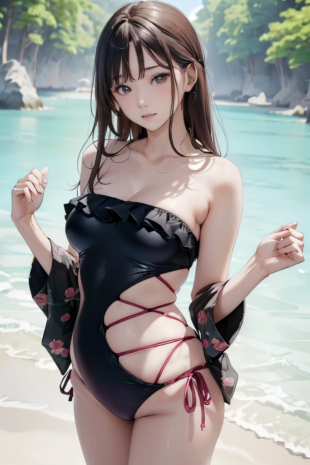 (((masterpiece))),(((High resolution)))、(((8K)))、(((perfect face)))、(((beauty of japan)))、30 years old、(((beautiful face))), (((swimsuit))), embarrassed look, look at the camera, (thighs)、top quality eyes, detailed texture, look at the camera, standing, big tits
