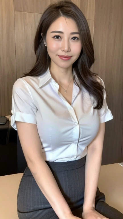 ((highest quality, 8K, masterpiece, portrait: 1.3)), (looking at the viewer), (full shot:0.85), attractive business mature woman, 1 person、 white collared shirt, gray skirt,((big breasts 2.5)) (big pelvis:0.3),((Very plump 2.５))、 (officeの椅子に座っている)), smile:0.2, president&#39;office,good posture、Brown medium hair、gentle smile、office、In the office、