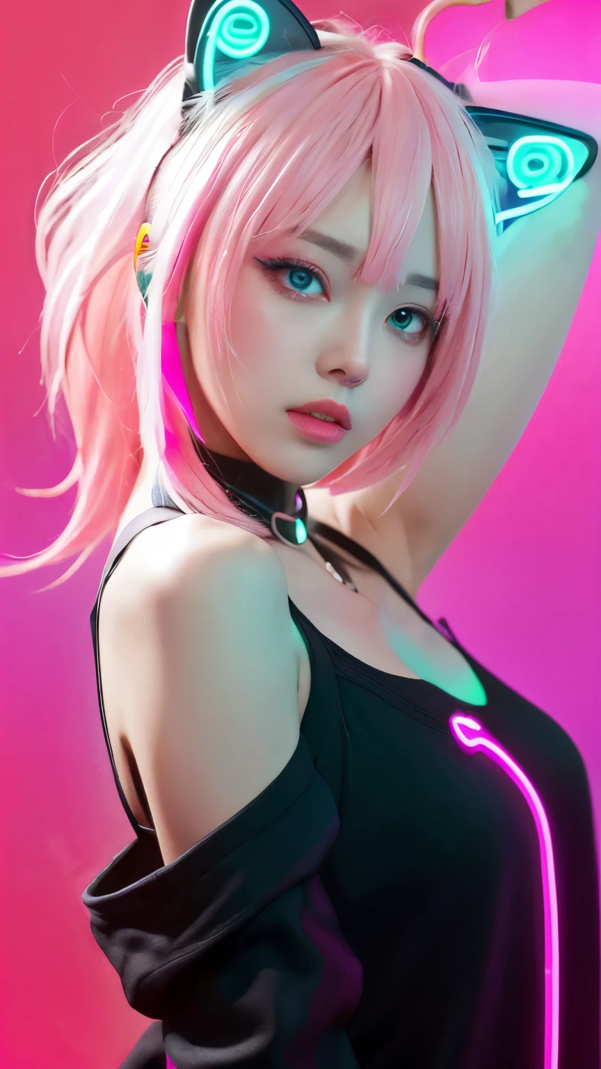 (Neon pink thema:1.2), masterpiece, highest quality, 4K, (Photorealistic), bokeh, enlightenment,(1 perfect portrait of a girl), (A fascinating eye for perfect detail:1.2), colorful hair, (gradient hair), (neon pink soft hair:1.6), (Cat ear:1.2), fantasy background, (exposed bare shoulders), (long-term alienation sleeve), (lean forward a little), head tilt, (movie lighting:1.2), oversized clothes, (seductive pose:1.4), (neon pink background:1.6), blue beautiful eyes, close up,