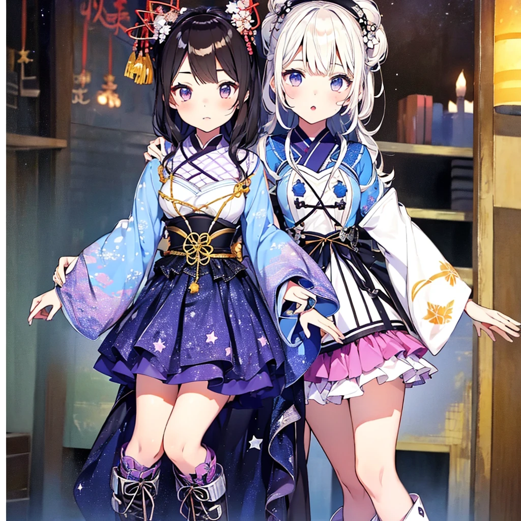 1girl、vtuber-fullbody、Star Fairy、masterpiece、official art、Super detailed、super beautiful、かわいいStar Fairy、white straight short hair、Milky Way、universe、star charm、star、、Knee-high boots、Japanese pattern dress、A beautiful girl wearing black and white clothes that are a remake of a yukata.、universeを思わせるOiranフリルドレス、Oiran、Box Pleats Mini、