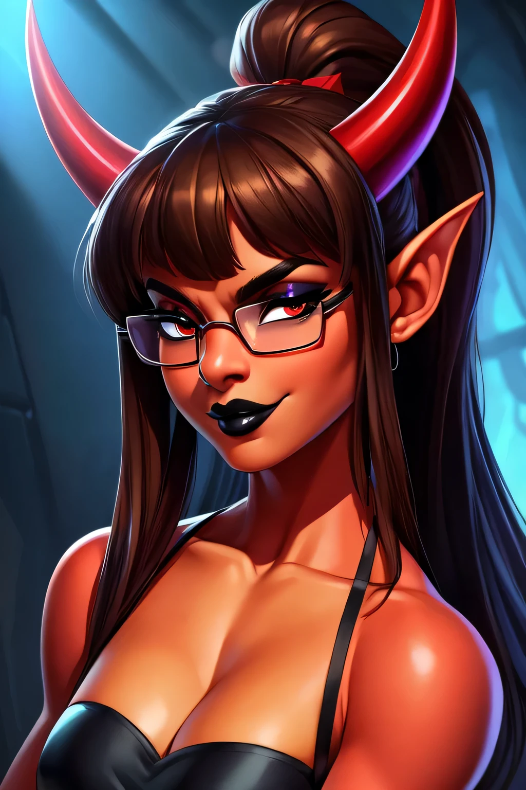 Beautiful and evil young imp woman, has red skin tone, long straight brown hair in a high ponytail and bangs, two red horns on her head, black eyes with yellow beast iris, mischievous eyebrows, mischievous black top and black short jeans, average curves, black eyeshadow, black lipstick, square glasses, 4k, sharp focus, high resolution, by artgerm and greg rutkowski ((best quality)), ((masterpiece)), (detailed), perfect face