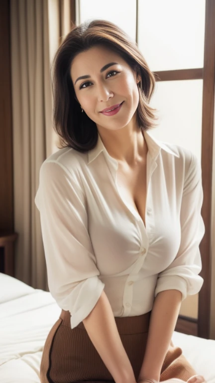 ((photograph))、((real photo)), (masterpiece, highest quality),hot ((mature woman)),Sitting on bed in bedroom,wide hips、big breasts,saggy breasts, (slicked back hair), white collared blouse、Only the top button is undone、The chest is hidden、long skirt、 smile, face-to-face audience,  cupboard, stove, window, Japanese、((plump 1.8))、(((plump mature woman1.4)))、((big breasts1.8))、bbw,　eyes half closed、　Put your hands together and place them between your thighs、gentle smile、Brown hair semi-long hair、



