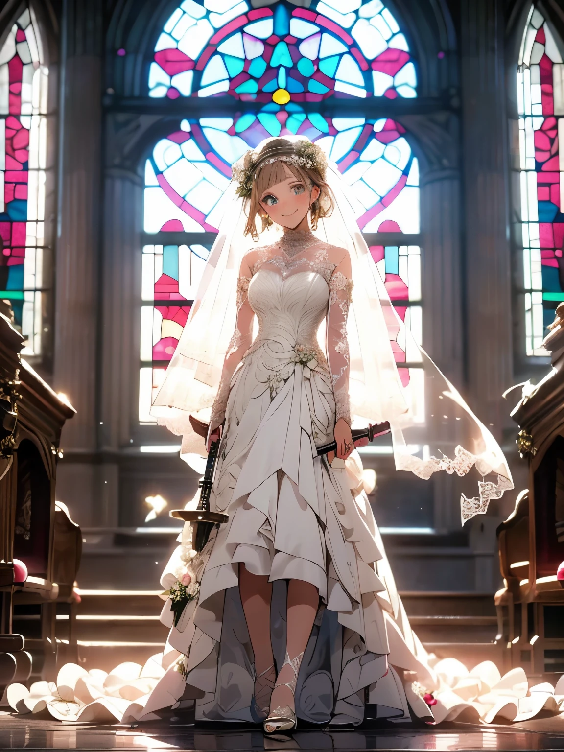 absurd, (solo:1.5,)super detailed,bright colors, very beautiful detailed anime face and eyes, (Domed church:1.2)(Very large and shining stained glass:1.5) ,short hair,(Wield a giant hammer:1.3), asymmetrical bangs, Blonde short twin tails, shiny hair, delicate beautiful face, blush、(blue eyes), white skin, earrings,(Smile:1.4),beautiful and delicate eyes,cute and girly,perfect slim body,(L'Atelier Mariage Wedding Dress:1.5),(wedding veil:1.3),church view,Pure pupils,(full body:1.2),medium shot