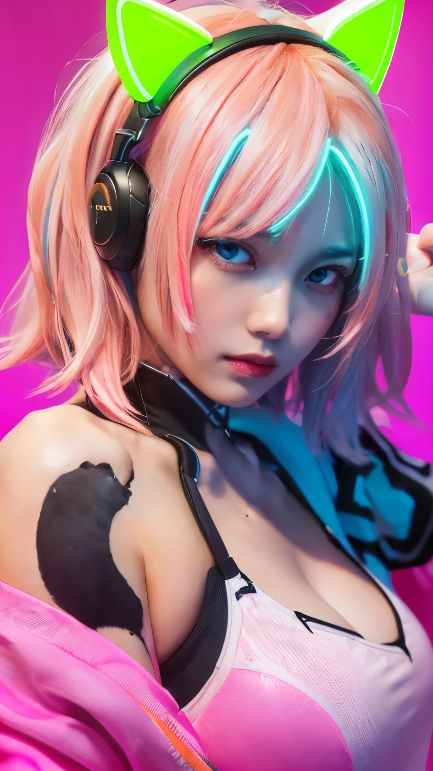 masterpiece, highest quality, 4K, Photorealistic, bokeh, enlightenment,1 perfect portrait of a girl, (A fascinating eye for perfect detail:1.2), colorful hair, (gradient hair), (neon pink hair:1.6), (Cat ear), fantasy background, (exposed bare shoulders), (long-term alienation_sleeve), (lean forward a little), If you look up,hair ornaments,{shy},please shut your mouth, head tilt, movie lighting, oversized clothes, (seductive pose:1.4), (neon pink background:1.6)