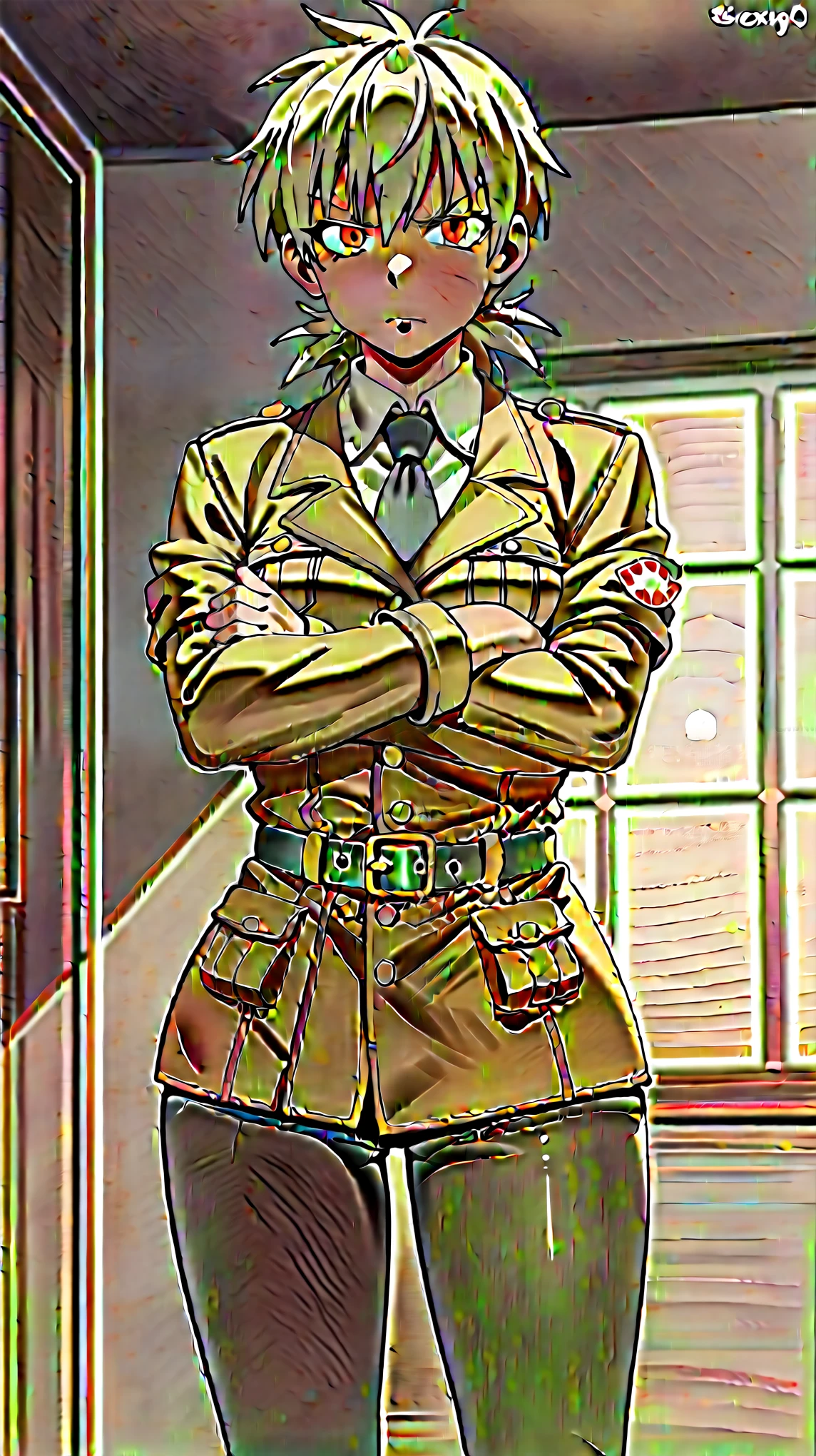 score_9,score_8_up,score_7_up, BREAK, 1 girl, solo, seras, hellsing, snout, pig snout, indoors, standing, frustrated, looking at viewer, pig nose, semi furry, furry, crossing arms