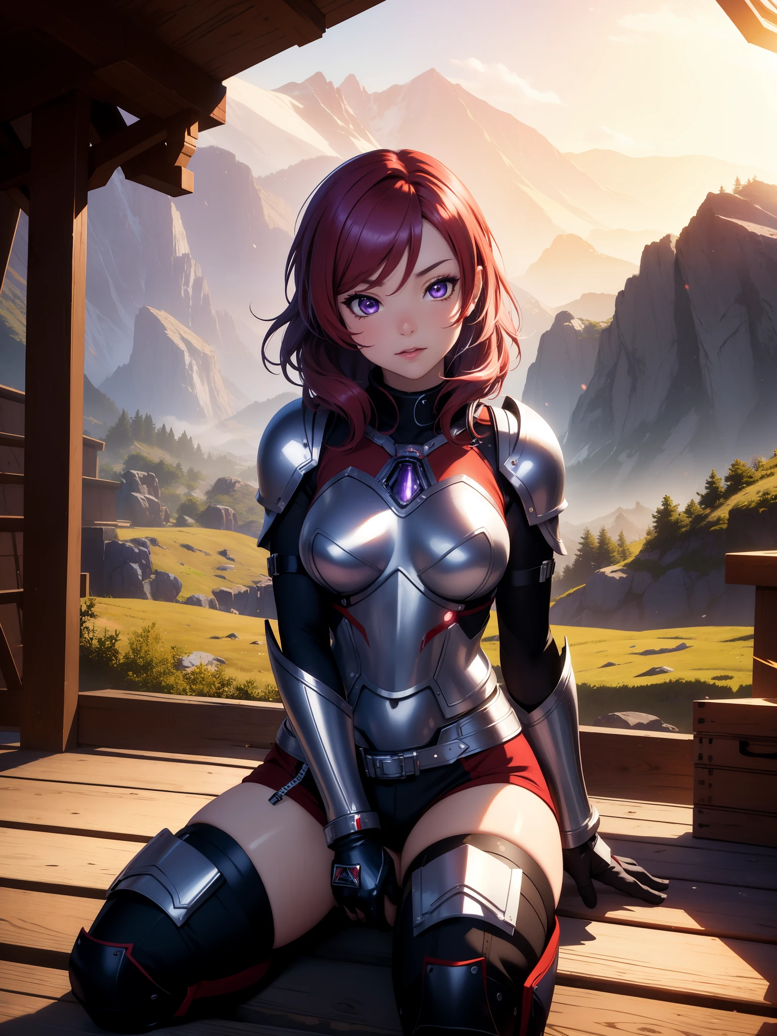 (Masterpiece, Best Quality, High Quality), facing viewer,volumetric lighting, illustration, beautiful, perfect lighting, perfect shadows,Nishikino maki , cowboy shot, (silver armor:1.2), short shorts, thighs, solo, purple eyes ,red hair ,in mountains,under moonlight, dynamic pose, sitting on ground, straddling 