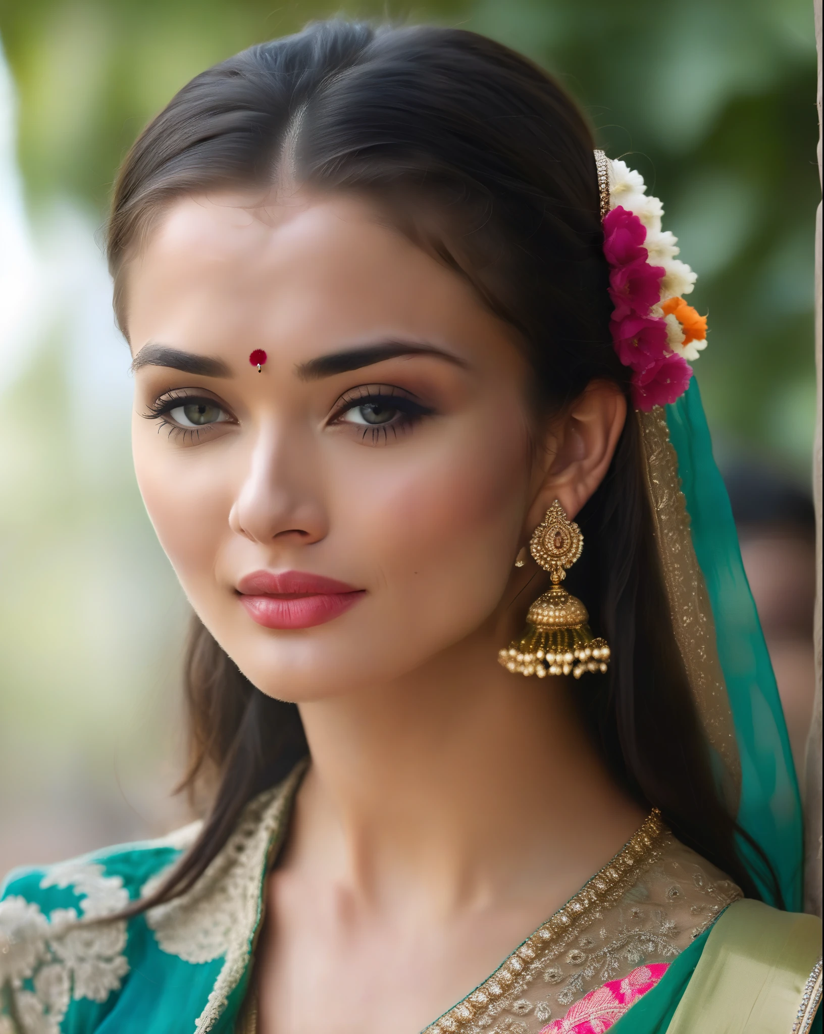 ultrarealistic soft focus photo of a 30-year-old woman, amy jackson, outdoors, high neck Long Anarkali Gown lace covering chest and cleavage, Side-eye of suspicion, Point-of-view shot camera angle, looking looking at camera, day time, beautiful bokeh 