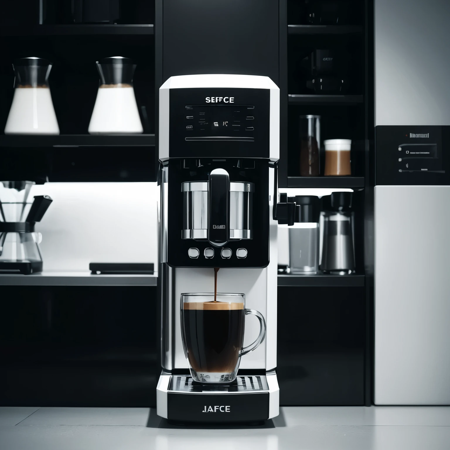 Coffee machine,science and technology,Jail Point Enclosure,black and white color,square,Excellent rendering,close up