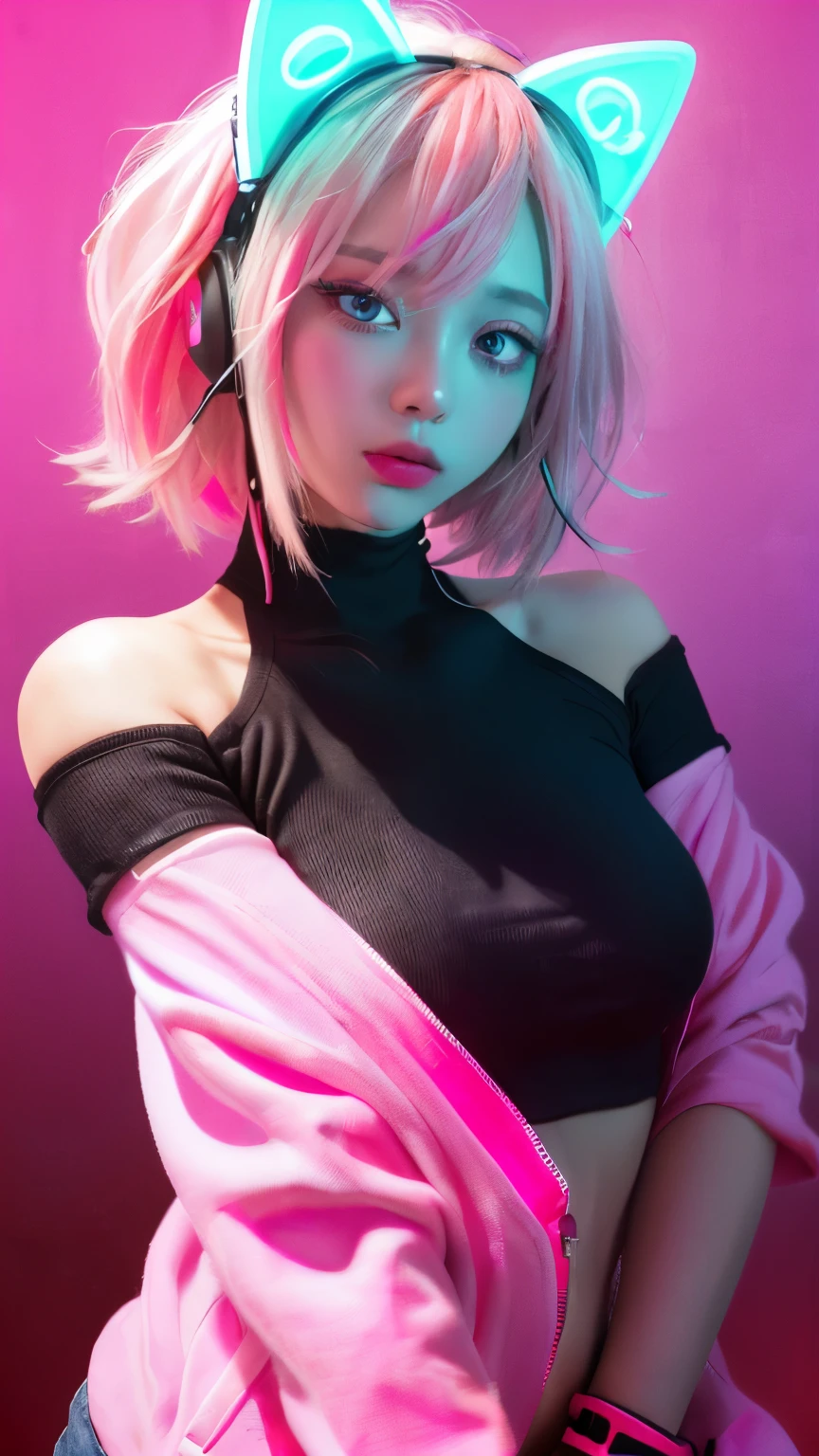 (Neon pink thema:1.2), masterpiece, highest quality, 4K, (Photorealistic), bokeh, enlightenment,(1 perfect portrait of a girl), (A fascinating eye for perfect detail:1.2), colorful hair, (gradient hair), (neon pink soft hair:1.6), (Cat ear:1.2), fantasy background, (exposed bare shoulders), (long-term alienation sleeve), (lean forward a little), head tilt, (movie lighting:1.2), oversized clothes, (seductive pose:1.4), (neon pink background:1.6), blue beautiful eyes, close up,