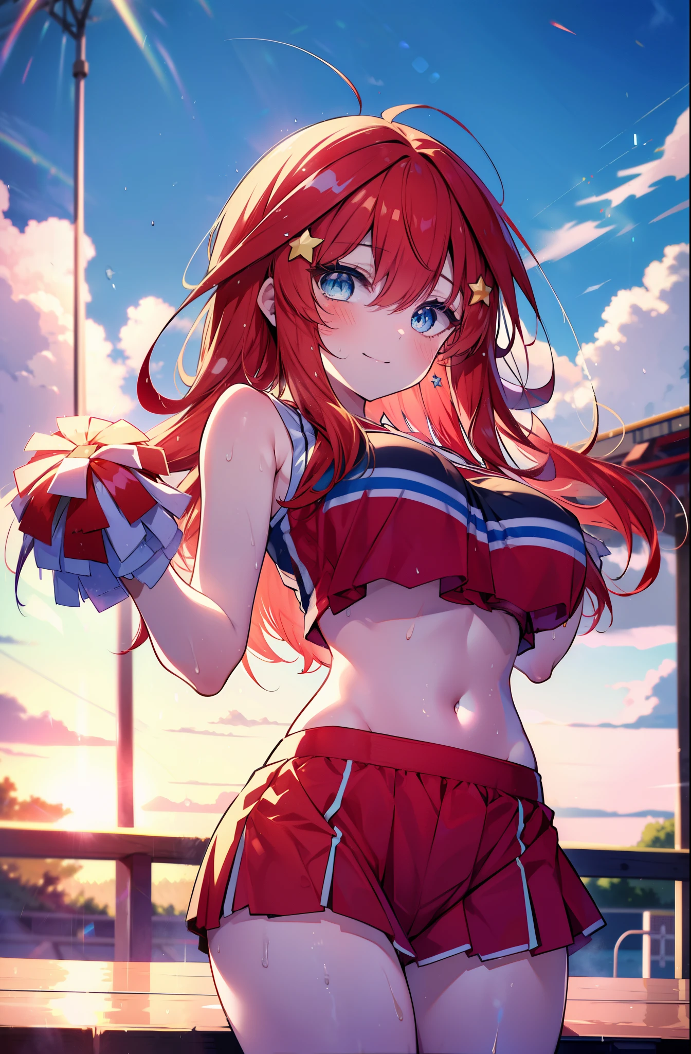 itsukinakano, itsuki nakano, bangs, blue eyes, hair between eyes, Ahoge, redhead, star \(symbol\), happy smile, smile, open your mouth,hair ornaments, star hair ornaments,(cheer leading), (whole body), big breasts, lower, (sweaty), sweaty Wet Clothes,()red clothes), , Navel support, playground, (jump), (jump), 足を曲げてjumpする, air, blue sky, Grass原, Smiling Cheerleader, pom pom \(cheer leading\), Grass, 
break outdoors, stadium,
break looking at viewer, (cowboy shot:1.5),
break (masterpiece:1.2), highest quality, High resolution, unity 8k wallpaper, (figure:0.8), (detailed and beautiful eyes:1.6), highly detailed face, perfect lighting, Very detailed CG, (perfect hands, perfect anatomy),