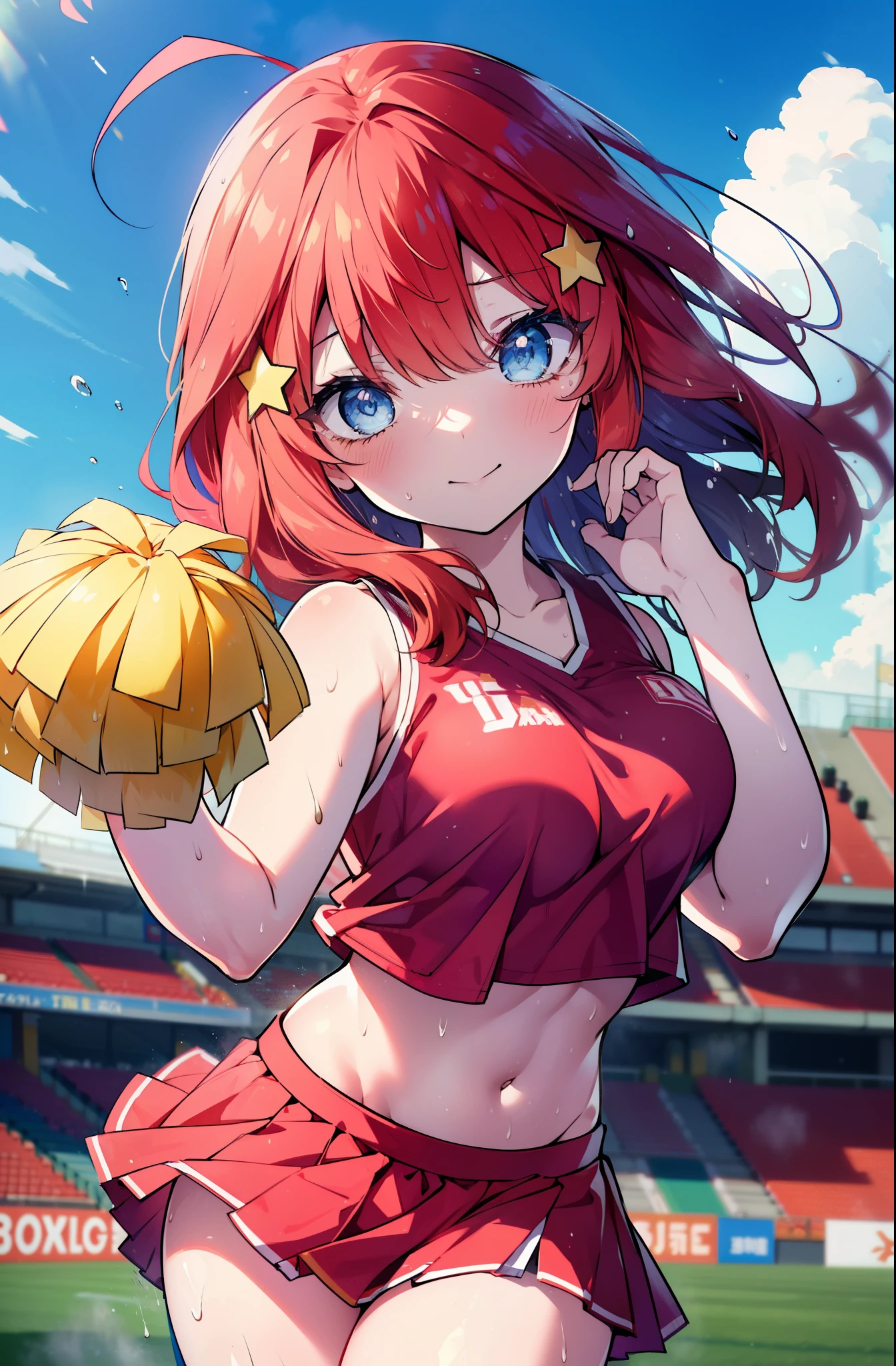 itsukinakano, itsuki nakano, bangs, blue eyes, hair between eyes, Ahoge, redhead, star \(symbol\), happy smile, smile, open your mouth,hair ornaments, star hair ornaments,(cheer leading), (whole body), big breasts, lower, (sweaty), sweaty Wet Clothes,()red clothes), , Navel support, playground, (jump), (jump), 足を曲げてjumpする, air, blue sky, Grass原, Smiling Cheerleader, pom pom \(cheer leading\), Grass, 
break outdoors, stadium,
break looking at viewer, (cowboy shot:1.5),
break (masterpiece:1.2), highest quality, High resolution, unity 8k wallpaper, (figure:0.8), (detailed and beautiful eyes:1.6), highly detailed face, perfect lighting, Very detailed CG, (perfect hands, perfect anatomy),