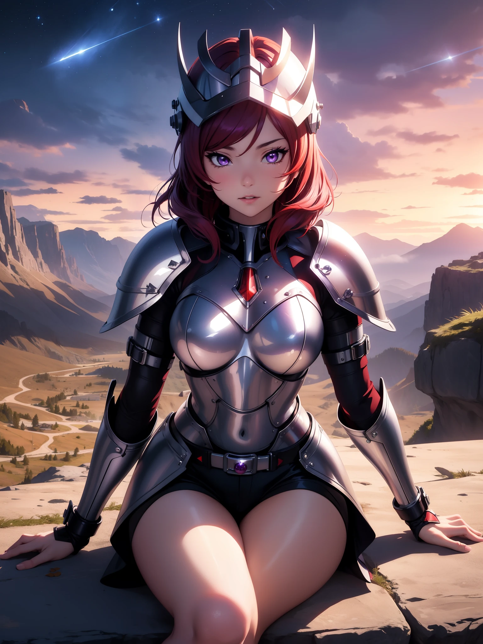 (Masterpiece, Best Quality, High Quality), facing viewer,volumetric lighting, illustration, beautiful, perfect lighting, perfect shadows,Nishikino maki , cowboy shot, (silver armor:1.2), short shorts, thighs, solo, purple eyes ,red hair ,in mountains,under moonlight, dynamic pose, sitting on ground, straddling ،helmet