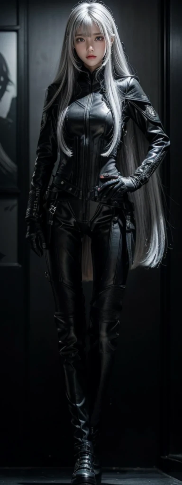 waist length hair,shiny hair,4 fingers,sharp gaze,{{{{{White eyes}}}}},{{{{{White eyes}}}}},{long hair},{{straight hair}},black gloves,black clothes,black military suit,{military},{{{{{dull bangs}}}}},Hard hair,(slanted eyes},{{whole body},{{{1 girl}}}, {{{{silver hair}}}},{{{tsurime}}},36 years old,white people,silver eyes,thin,{{{masterpiece}}}, {{{highest quality}}}, {{Super detailed}}, {shape}, {{very delicate and beautiful}},very detailed,Detailed completeness,Detailed Hyper,military clothes,{{bangs}}