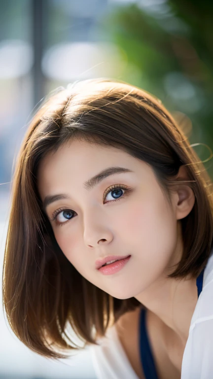 (((32k,high details,high detail、masterpiece,attention to detail,alone))),Raw photo & realistic atmosphere,beautiful dark blue eyes,detailed mouth,glossy lips,thin eyebrows,fine eyes、Soft white skin that shines in every detail、sheの深い黒い目はとても美しいです,lip details、very beautiful face,very well-shaped face、lifelike face,shining beautiful lips,beautiful eyebrows,infinite reality, Realistic young gravure idol,she'she'she'she'she'she'very cute woman , young gravure idol, young gravure idol, Very beautiful and cute 22 years old beautiful girl,incredibly beautiful and classy,22 years old beautiful girl,natural soft light,(shiny hair,,Beautiful and kind eyes:1.5),gentle smile,well-shaped chest,short bob hair,tie hair,beautiful posture,no makeup,think ahead,