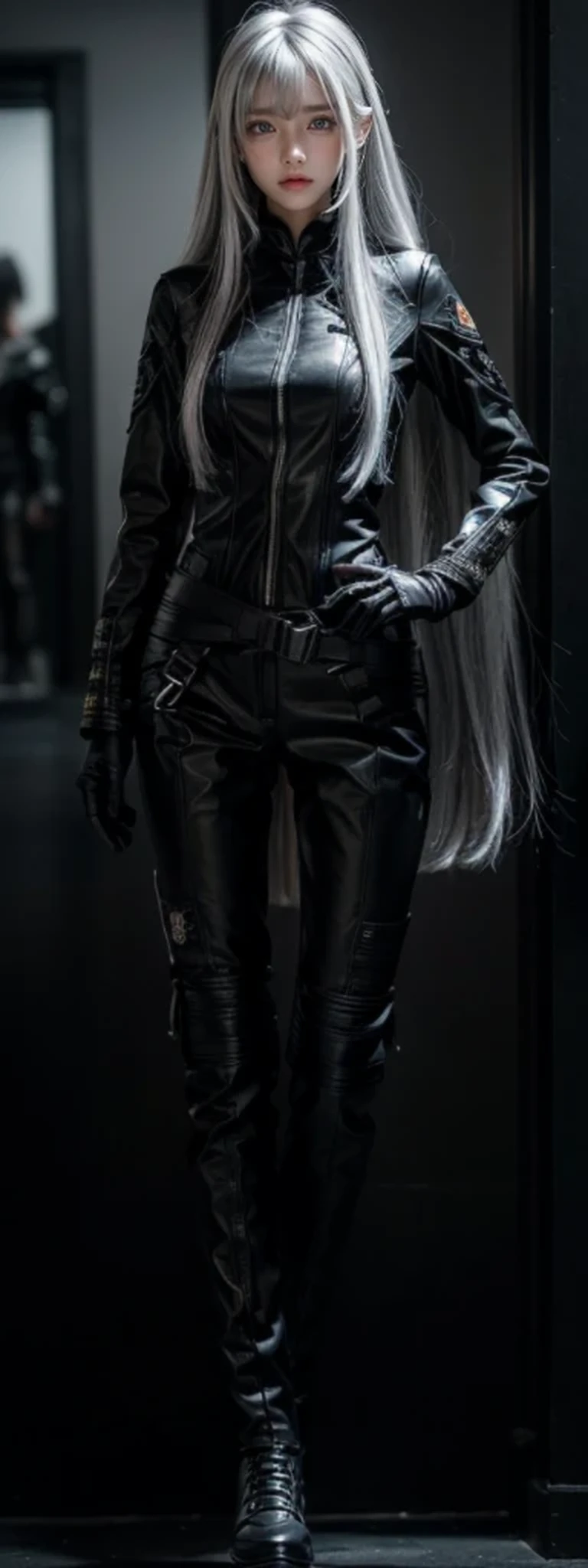 waist length hair,shiny hair,4 fingers,sharp gaze,{{{{{White eyes}}}}},{{{{{White eyes}}}}},{long hair},{{straight hair}},black gloves,black clothes,black military suit,{military},{{{{{dull bangs}}}}},Hard hair,(slanted eyes},{{whole body},{{{1 girl}}}, {{{{silver hair}}}},{{{tsurime}}},36 years old,white people,silver eyes,thin,{{{masterpiece}}}, {{{highest quality}}}, {{Super detailed}}, {shape}, {{very delicate and beautiful}},very detailed,Detailed completeness,Detailed Hyper,military clothes,{{bangs}}