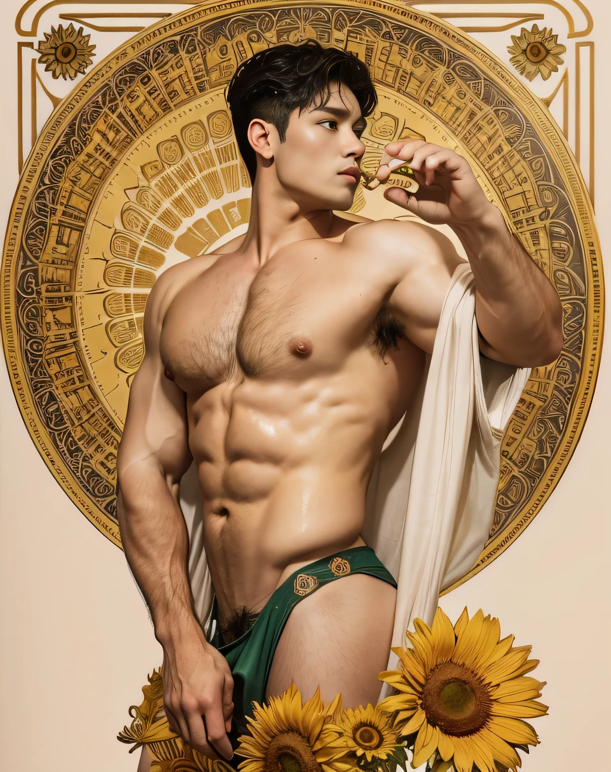 Two middle-aged men in underwear were kissing.,Enjoy with,Ashamed of being photographed by onlookers,pubic hair showing through,The hair is exceptionally short.,Authentic texture,Ultra-high image quality,detaild,Asian Faces,Interesting meat man, In the middle of the picture of hunky, musculine, beefy, 40-year-old man ,athletic, A muscular man, some body hair, Wet pubic hair,sweaty,soggy, musculine, Muscle body, Hairy chest and hairy body, loincloth,painting of a woman holding a bouquet of sunflowers in front of a golden background, hyperrealistic art nouveau, chie yoshii, andrey remnev, by Yamagata Hiro, mucha klimt and tom bagshaw, inspired by J. C. Leyendecker, inspired by J.C. Leyendecker, inspired by James C. Christensen, bulgej8