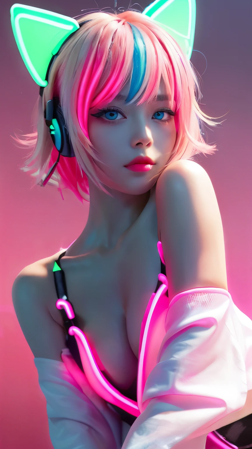 (Neon Pink Theme:1.2), masterpiece, highest quality, 4k, (realistic), Bokeh, enlightenment,(1 perfect portrait of a girl), (A fascinating eye for perfect detail:1.2), colorful hair, (gradient hair), (Neon pink soft hair:1.6), (Cat ear:1.2), fantasy background, (exposed bare shoulders), (Long-term alienation sleeve), (lean forward a little), head tilt, (movie lighting:1.2), oversized clothes, (seductive pose:1.4), (neon pink background:1.6), Blue beautiful eyes, close,