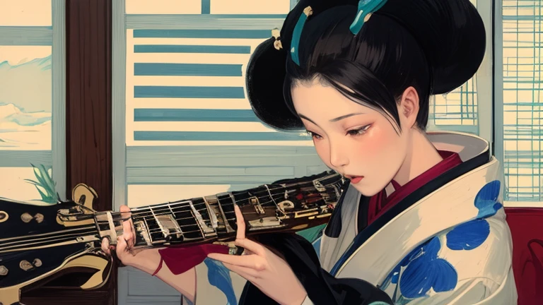 Arabian woman in kimono playing guitar in the room, inspired by Itō Shinsui, Ukiyo-eの芸術スタイルで, Inspired by Shoen Uemura, ukiyoe style, Japanese art style, Ukiyo-e, Inspired by Gyokudō Kawai, classical japanese art, inspired by Koson Ohara