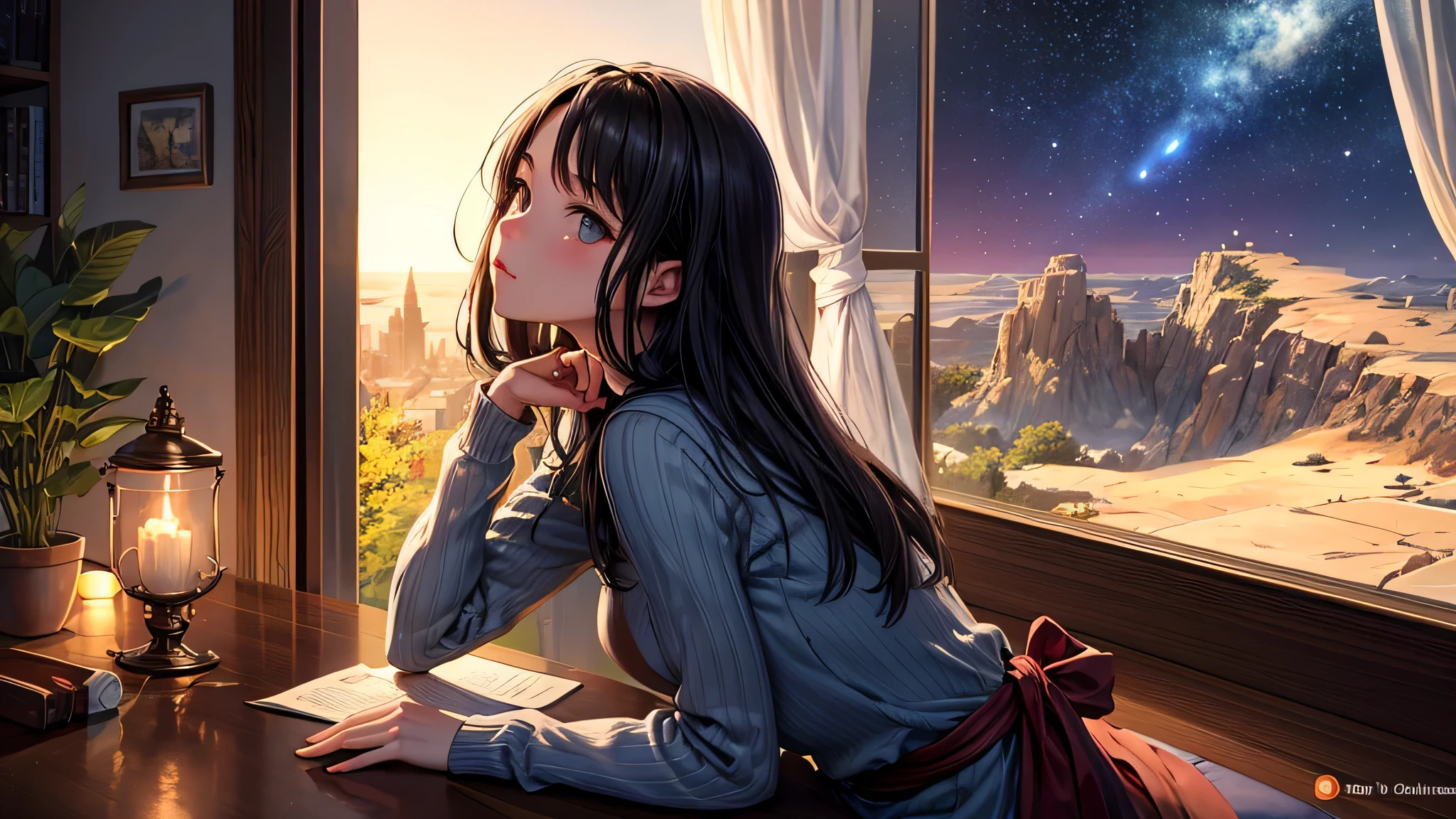 Singular light, alone, woman, cosmic, fantsy, looking away:1.4, adult, busty, Ghibli-like design, living room, sitting, dark hair, studying, face seen from the side, Completely sideways,landscape orientation, side view, bar