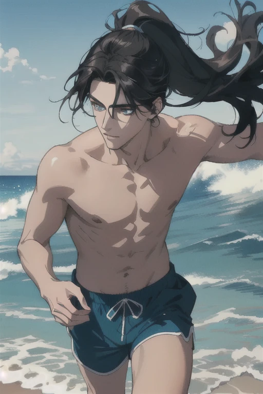 ((Best quality)), ((masterpiece)), (detailed), идеальное лицо A tall, handsome young man, he has soft, beautiful facial features, dark hair, he has very long black hair pulled back in a tight ponytail, bright blue eyes, a pretty pretty face running along the ocean coastline at dawn, he is topless, dressed only in beach shorts. Masterpiece, perfect drawing, realistic drawing, full-length drawing, detailed study, 8k. full-length image, realistic image, dynamic image, detailed image. an extremely detailed illustration, a real masterpiece of the highest quality, with careful drawing. anime style