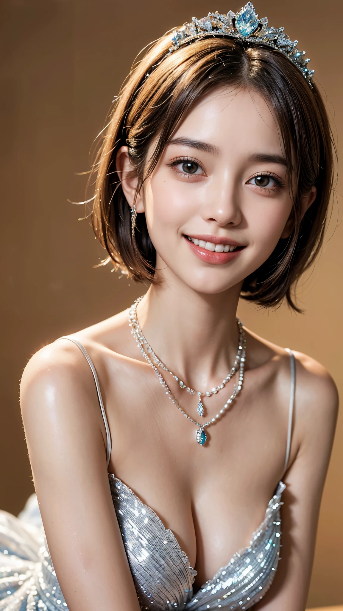 highest quality, masterpiece, ultra high resolution, (realistic:1.4), (portrait facing each other) Raw photo, 1 girl, 26 years old,((sister)),((Short hair with sparkly tiara)),((Gorgeous sparkly necklace)),((looking up at the viewer)),realistic,((Simple solid color background)), picture media chest)),((toothy smile)),