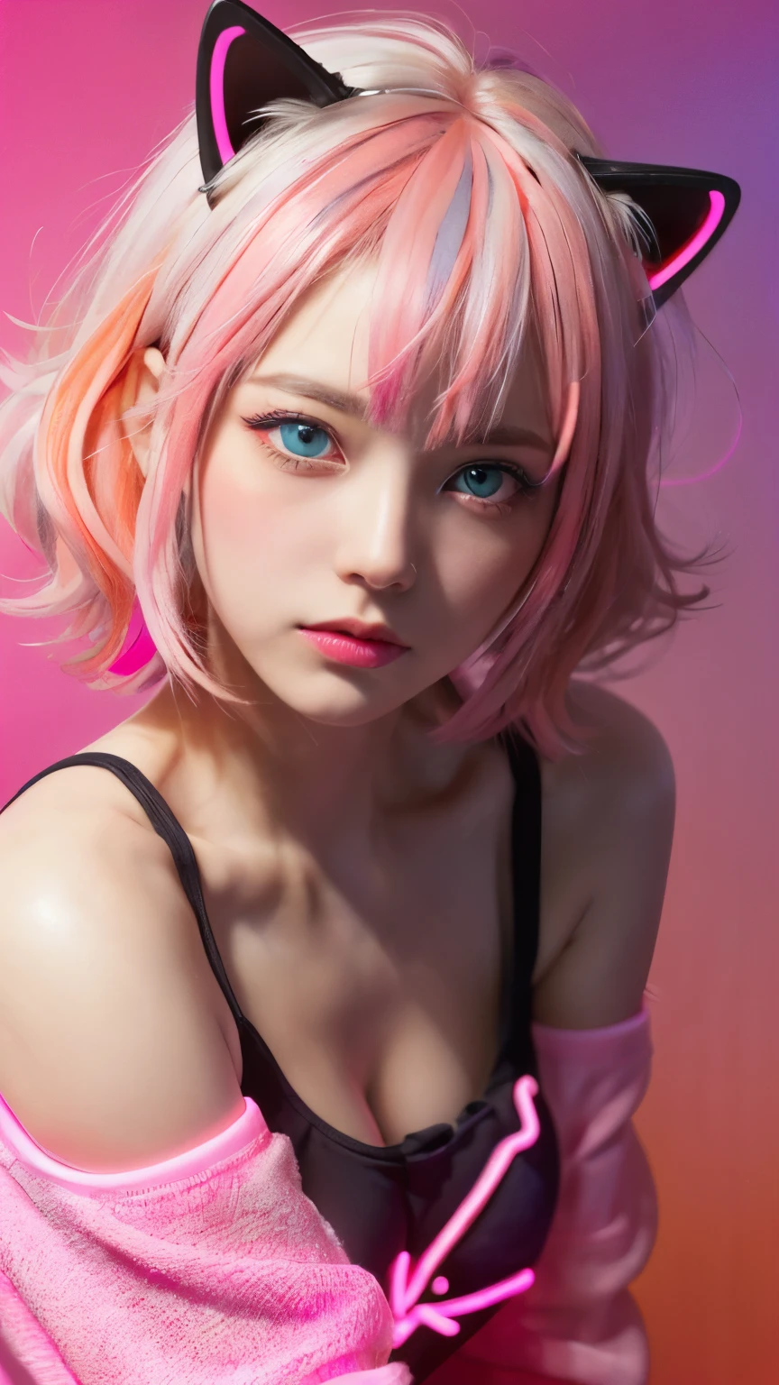 (Neon Pink Theme:1.2), masterpiece, highest quality, 4k, (realistic), Bokeh, enlightenment,(1 perfect portrait of a girl), (A fascinating eye for perfect detail:1.2), colorful hair, (gradient hair), (Neon pink soft hair:1.6), (Cat ear:1.2), fantasy background, (exposed bare shoulders), (Long-term alienation sleeve), (lean forward a little), head tilt, (movie lighting:1.2), oversized clothes, (seductive pose:1.4), (neon pink background:1.6), Blue beautiful eyes, close,