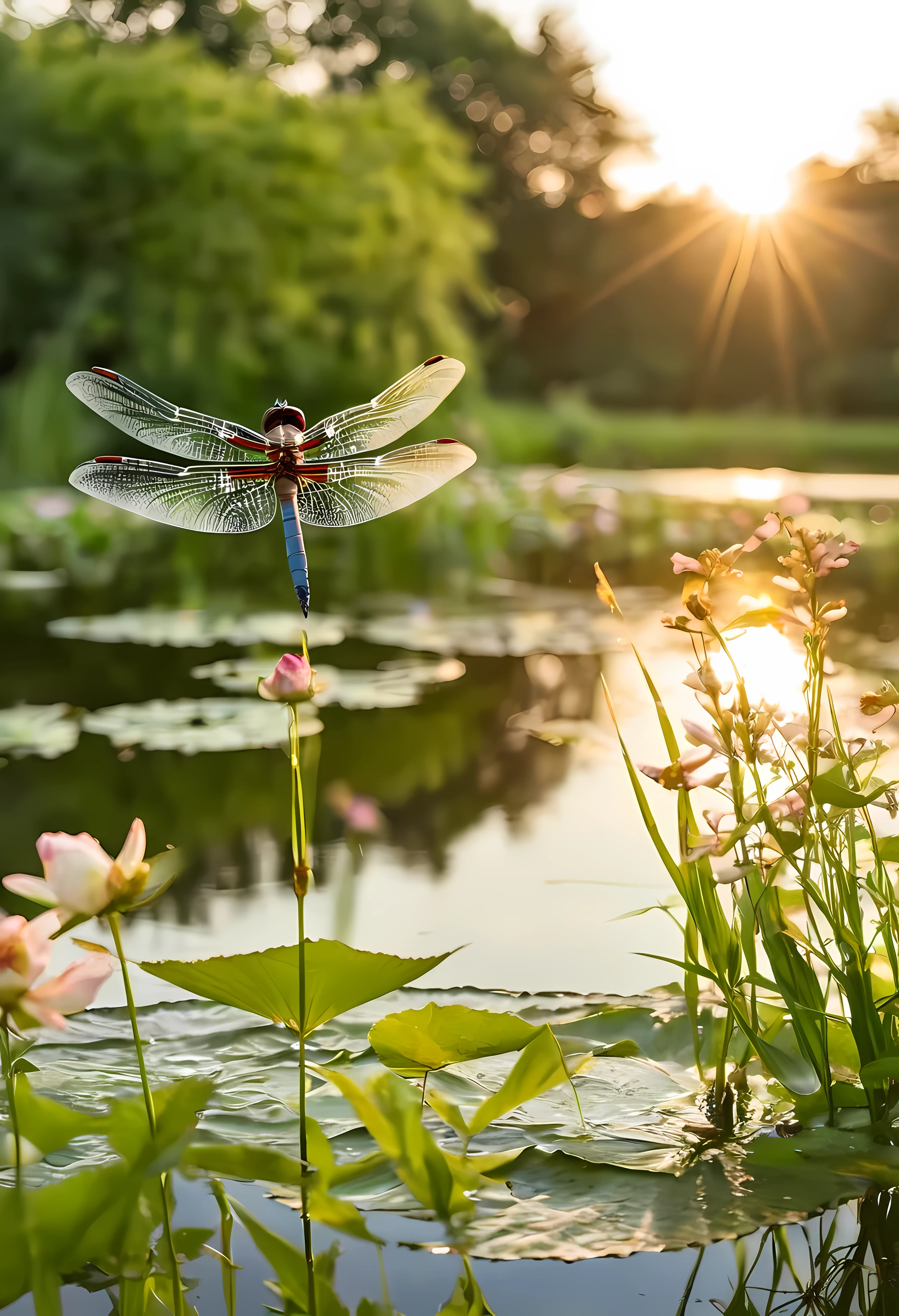 the dragonfly as the focal point, its wings almost touching the water's edge,The water's surface is still, broken only by the gentle ripples caused by a delicate dragonfly hovering above. The dragonfly, its wings glinting in the fading light, floats gracefully, almost dancing in the air. The surrounding greenery and flowers add to the pastoral tranquility of the scene, creating a peaceful and idyllic atmosphere. the beauty of this evening pond,A serene evening pond, reflecting the soft hues of the setting sun. 