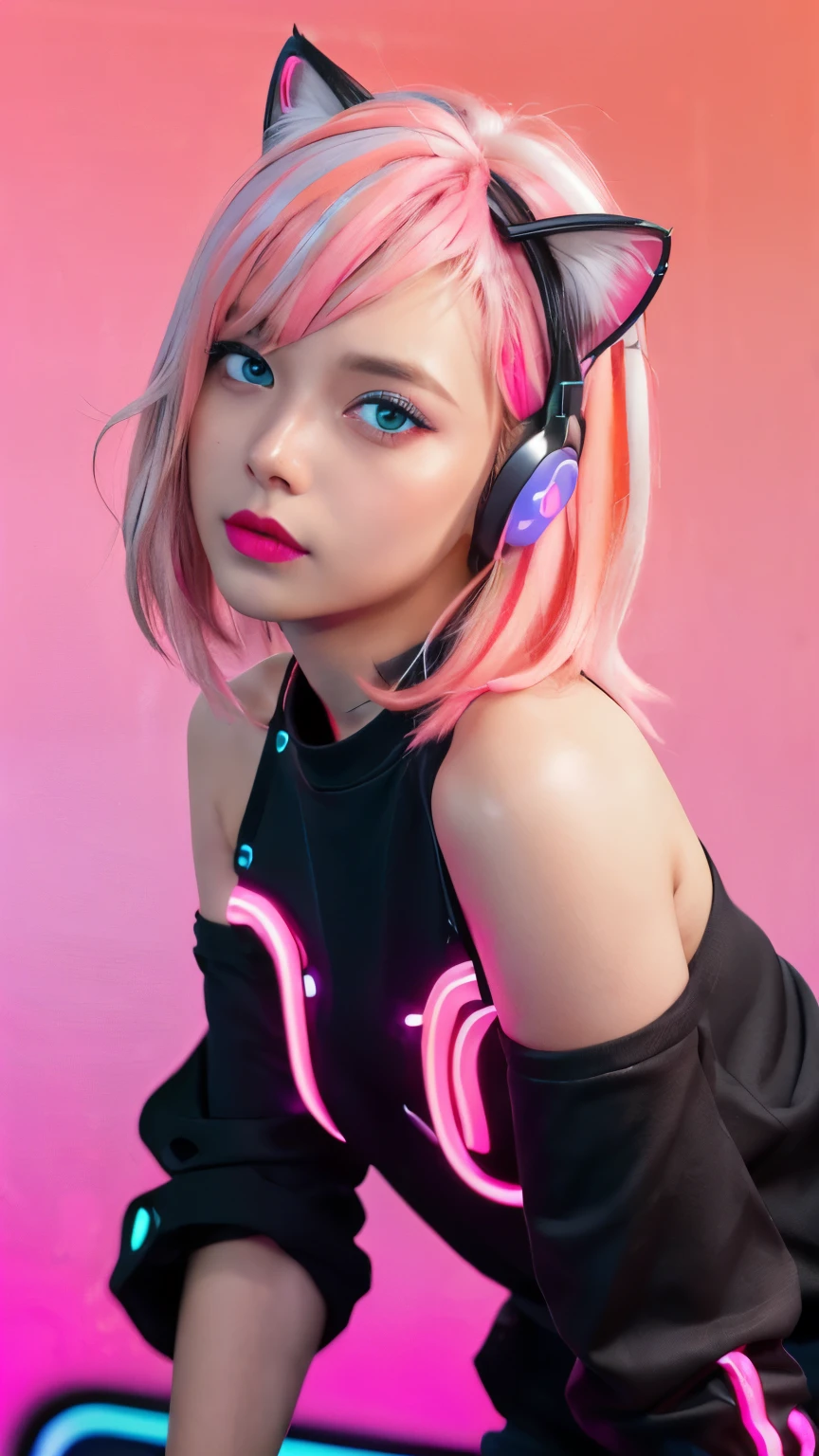 (Neon Pink Theme:1.2), masterpiece, highest quality, 4k, (realistic), Bokeh, enlightenment,(1 perfect portrait of a girl), (A fascinating eye for perfect detail:1.2), colorful hair, (gradient hair), (Neon pink soft hair:1.6), (Cat ear:1.2), fantasy background, (exposed bare shoulders), (Long-term alienation sleeve), (lean forward a little), head tilt, (movie lighting:1.2), oversized clothes, (seductive pose:1.4), (neon pink background:1.6), Blue beautiful eyes, close,
