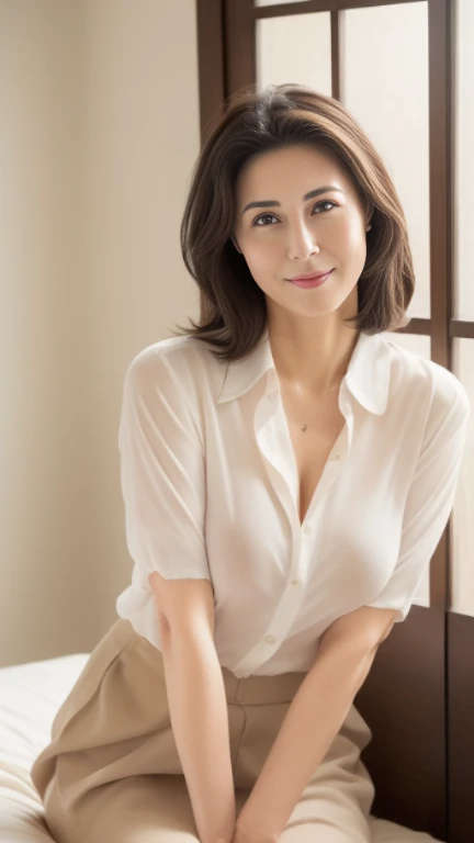 ((photograph))、((real photo)), (masterpiece, highest quality),hot ((mature woman)),Sitting on bed in bedroom,wide hips、big breasts,saggy breasts, (slicked back hair), white collared blouse、Only the top button is undone、The chest is hidden、long skirt、 smile, face-to-face audience,  cupboard, stove, window, Japanese、((plump 1.8))、(((plump mature woman1.4)))、((big breasts1.8))、bbw,　eyes half closed、　Put your hands together and place them between your thighs、gentle smile、Brown hair semi-long hair、



