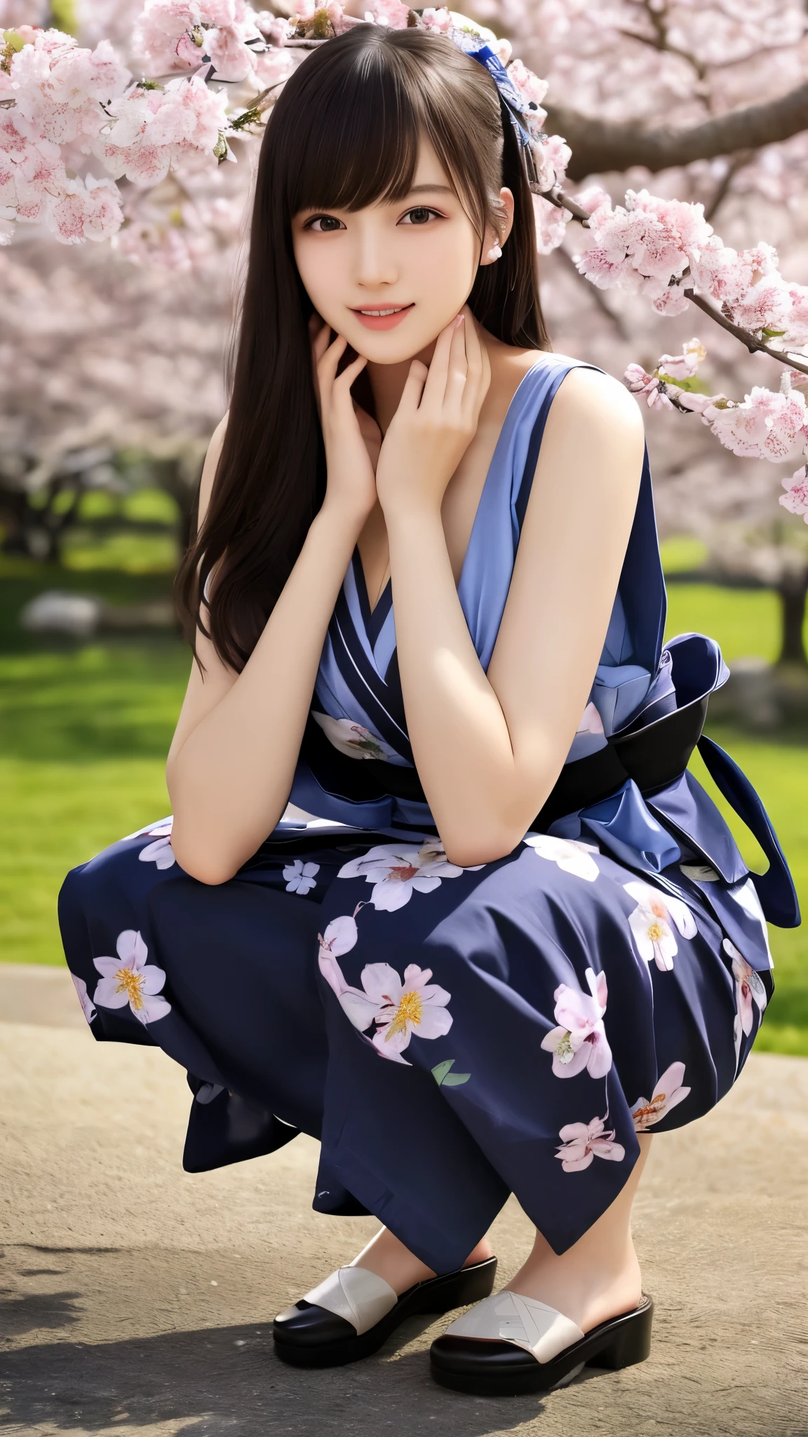最high quality、high quality、best image quality、8K、最High resolution、High resolution、最high quality、masterpiece、Realistic human body in every detail、Realistic skin in every detail、Realistic face in every detail、Realistic eyes down to the details、Realistic lips in every detail、Realistic teeth in every detail、Realistic ears down to the last detail、Realistic hair down to the last detail、Realistic arms down to the last detail、Realistic reproduction of every detail、Realistic fingers in every detail、(fine hands、thumb1reference4)、Realistic feet in every detail、((beautiful japanese girl))、(japanese model), (japanese woman)、((18 year old beautiful girl))、(black hair)、(random hairstyle)、((whole body))、((beautiful upturned chest))、(slim style、slender style)、(whole body光沢肌、Fair skin)、soft natural light、Furisode、kimono、yukata、japanese traditional、Japanese garden、((Sheer see-through(花柄入り丈の短いkimono))、((Squatting under a cherry tree in full bloom(Pose that makes your thighs look beautiful))