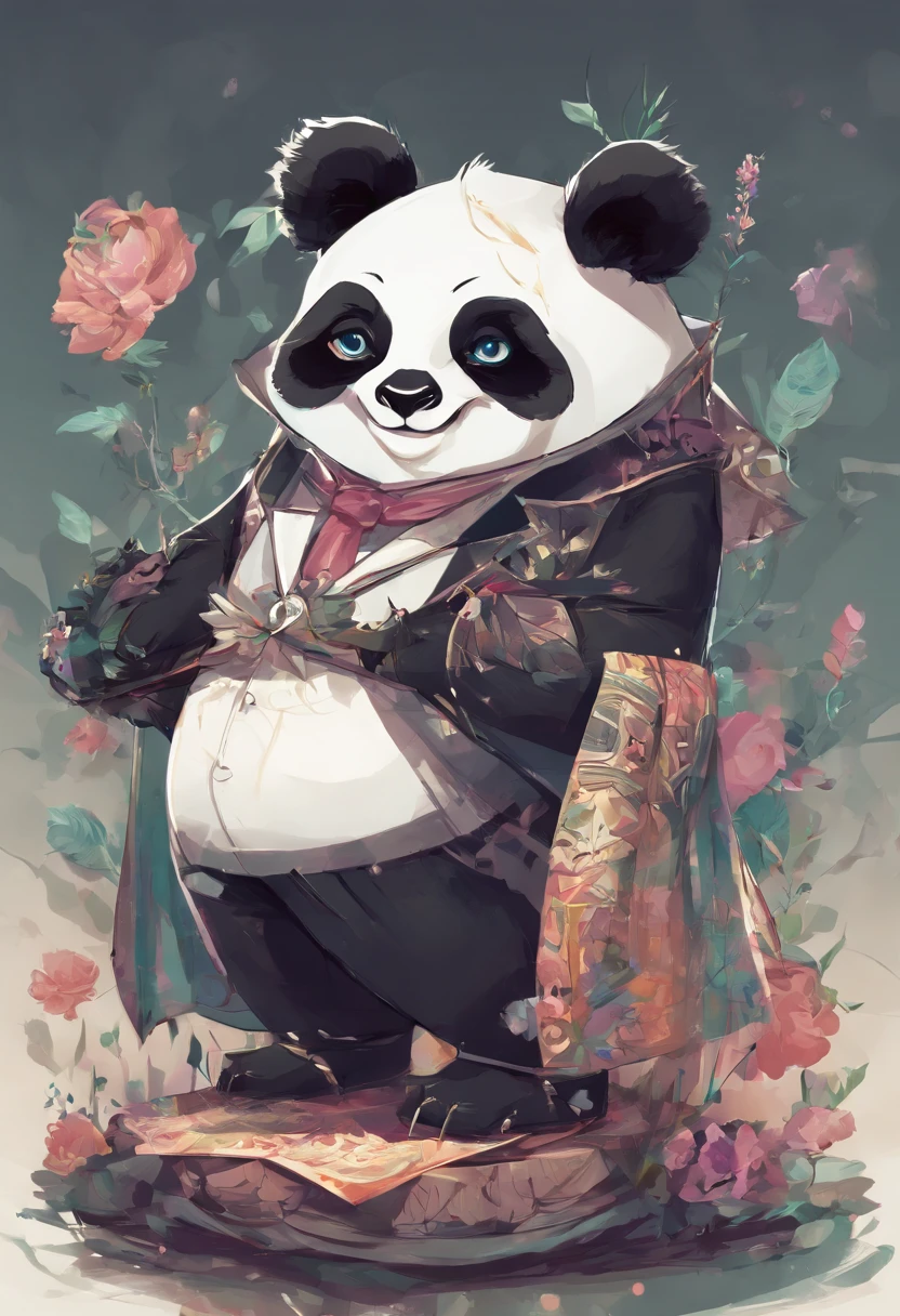 anthropomorphic panda, de cuerpo entero, vestido formalmente con un blazer, sostiene una bandeja, pegatina de panda, sticker de panda.