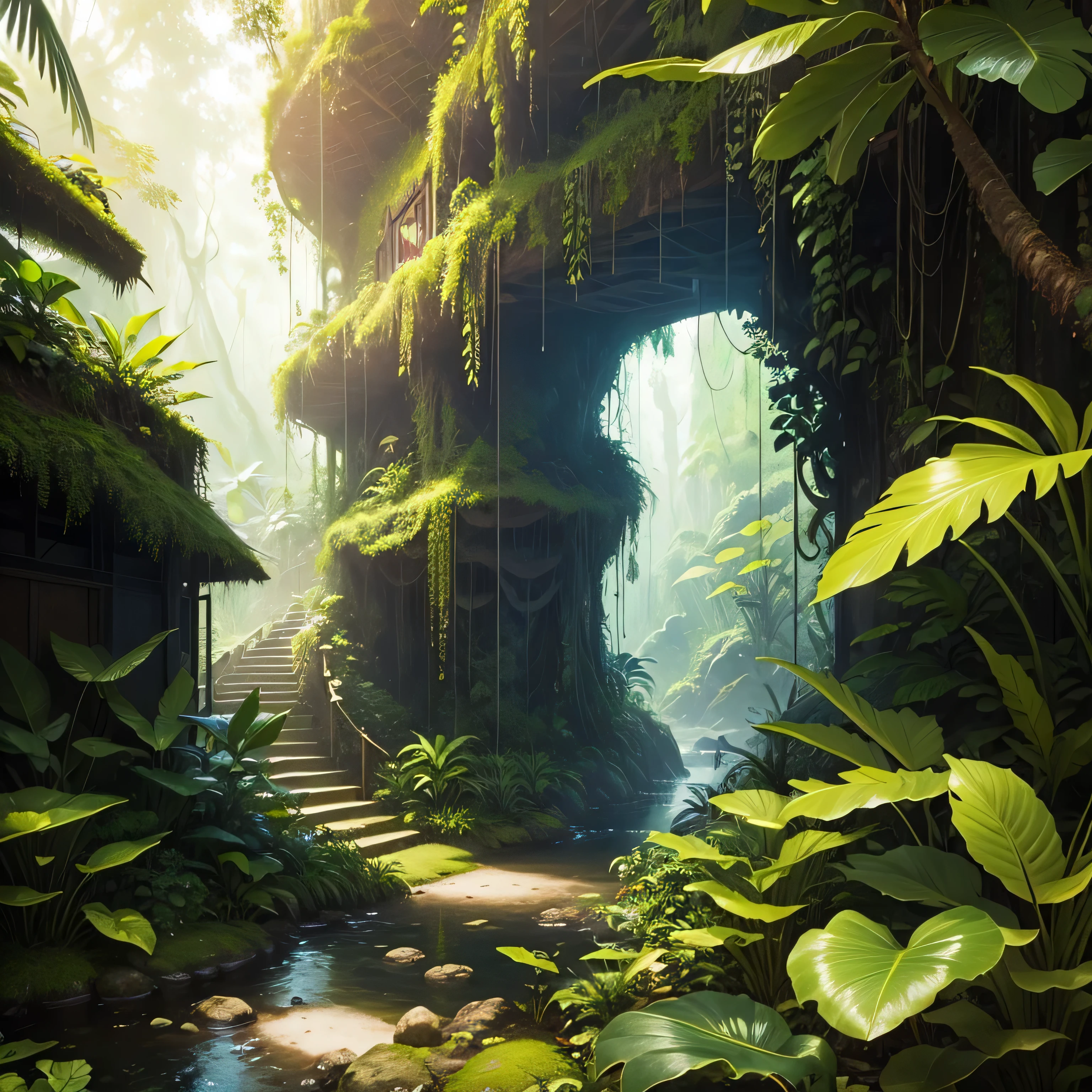A lush rainforest teeming with exotic plants and animals, with a hidden treasure waiting to be discovered.